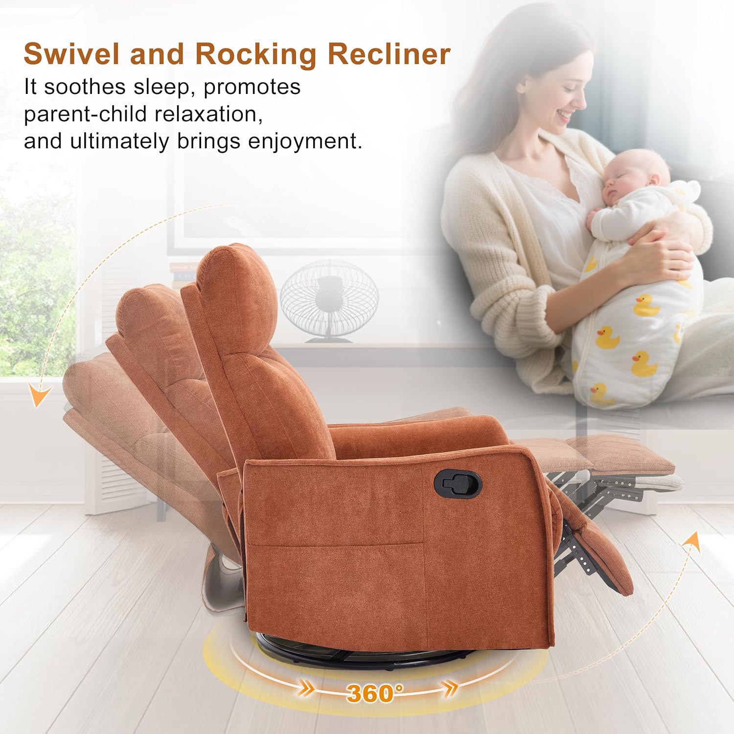 Manual 360° Swivel Rocker Recliner Chair for Adults, Overstuffed Glider Chair for Nursery with Vibration Massage and Heat, Comfy Soft Fabric Glider with Side Pockets for Living Room, Orange