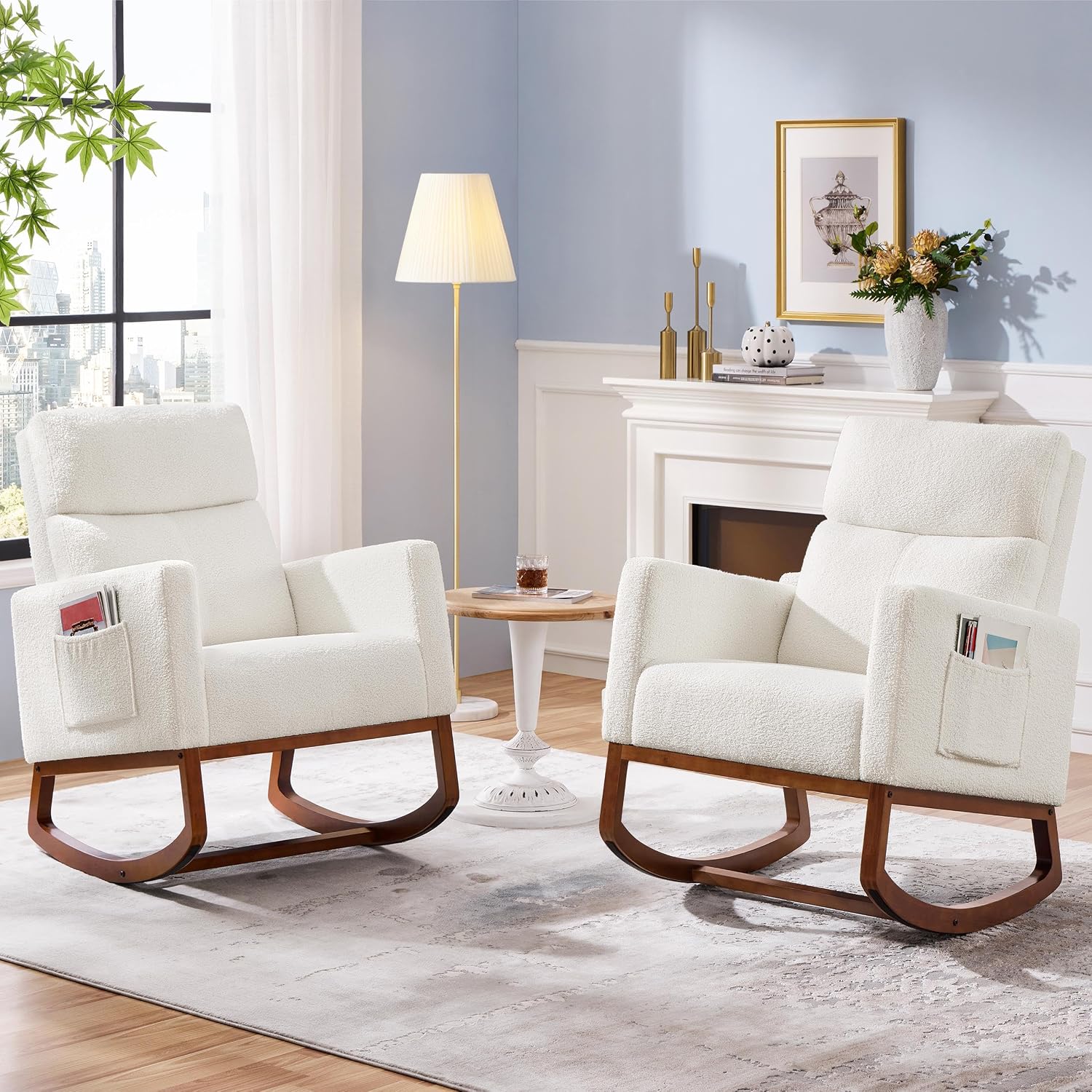 Yaheetech Upholstered Rocking Chair, Boucle Nursery Glider Chair with Side Pocket, Modern Rocking Accent Armchair with High Back and Rubber Wood Legs for Living Room Bedroom Nursery, 2 Pcs, Ivory