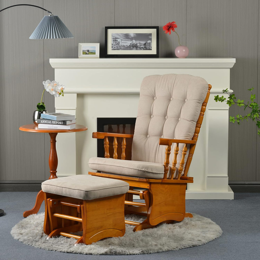Rustic Nursery Glider Chair with Ottoman, Rubber Wood Glider Rocking Chair Set, Silent Bearings & Anti-Pinch Design, High Density Foam Cushion for Living Room Bedroom Nursing, Honey Wood Finish