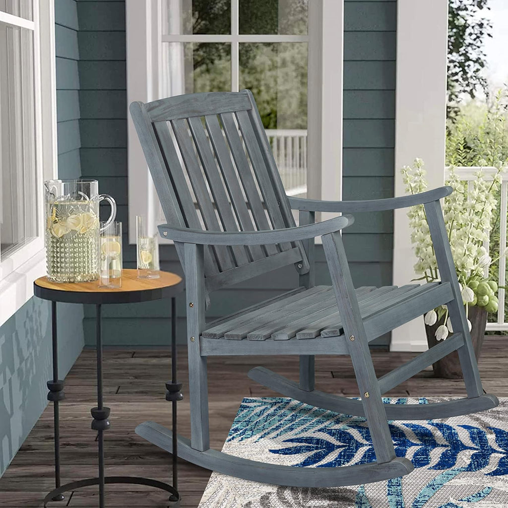 JONATHAN Y RCK102B Penny Classic Slat-Back 300-Lbs Support Acacia Wood Patio Outdoor Rocking Chair for Garden, Lawn, Backyard, Pool, Deck, Beach, Firepit, Gray