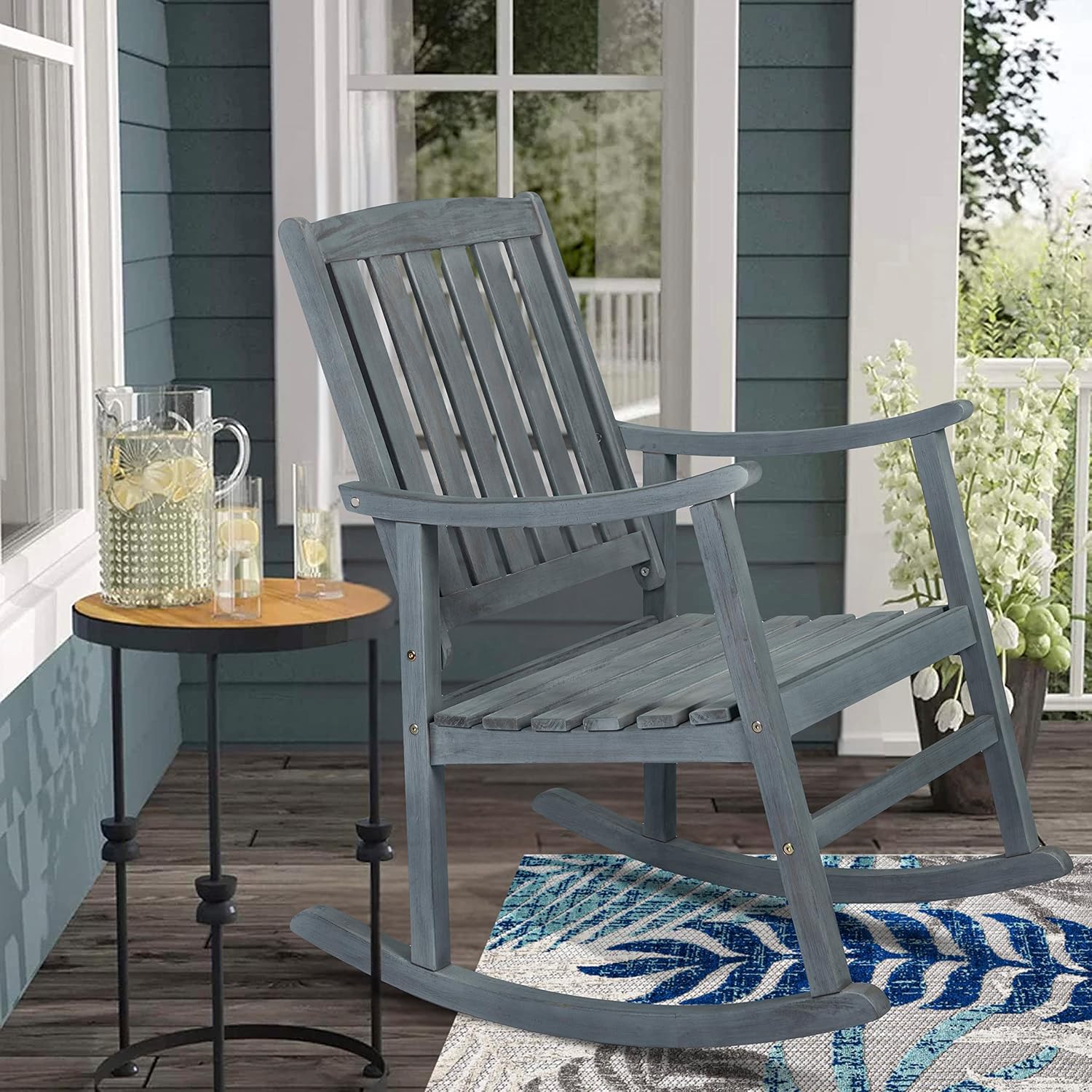 JONATHAN Y RCK102B Penny Classic Slat-Back 300-Lbs Support Acacia Wood Patio Outdoor Rocking Chair for Garden, Lawn, Backyard, Pool, Deck, Beach, Firepit, Gray