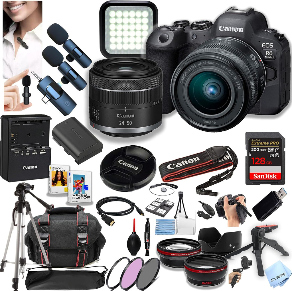 Canon EOS R6 Mark II Mirrorless Camera with 24-50mm Lens + 128GB Extreme Memory, Wireless Lavalier Microphones, Lenses, Filters, Case, Tripod,Software, and More (Content Creator Bundle) (Renewed)