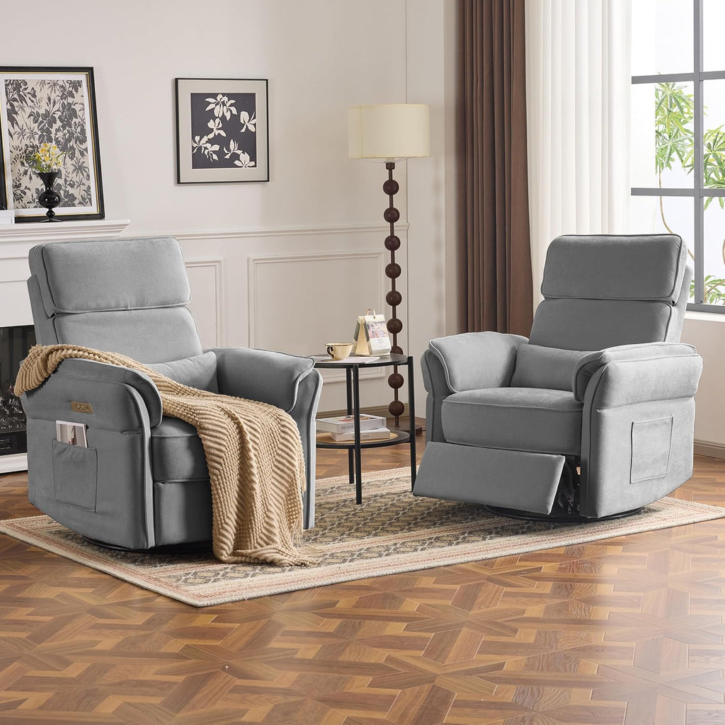 MELLCOM Power Recliner Rocking Chair Nursery Gliders with Adjustable Armrests and Headrest, Swivel Electric Glider Reclining Nursing Chair with USB Port and Storage Bags, FSC Certified
