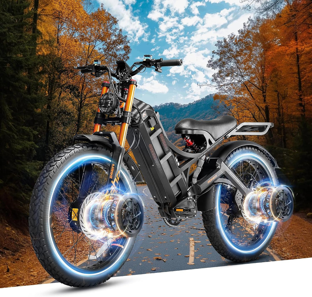 eAhora 2025 Romeo Pro 2 Electric Bike for Adults 4000W Dual Motor Electric Bicycle 46MPH 52V 70Ah 200+Miles Long Range 26 * 4.0 Fat Tire Full Suspension Electric Mountain Bike with Rack Black