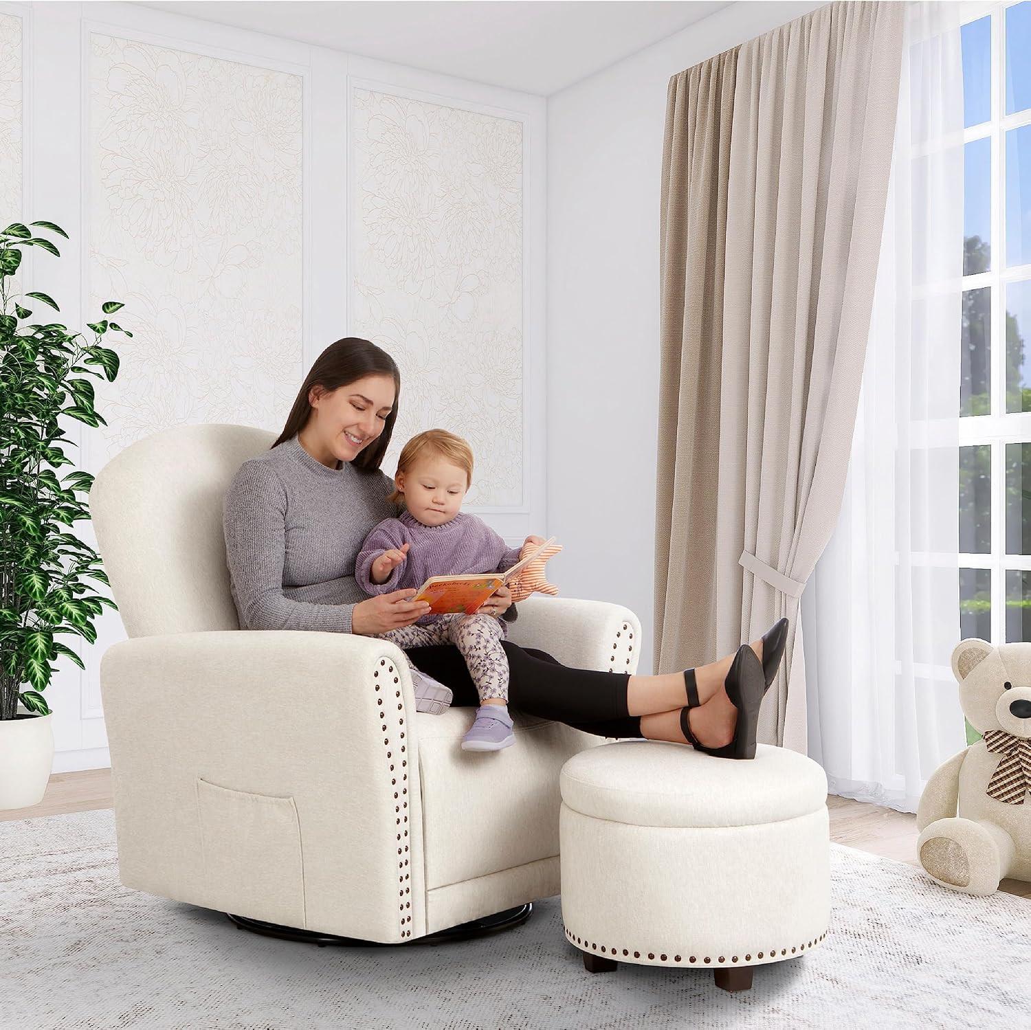Evolur Vienna Swivel Glider with Ottoman, FSC Certified, Greenguard Gold and JPMA Certified Glider Rocking Chair, 360° Swivel Motion, Ergonomic Design Nursery Glider, Sweet Cream