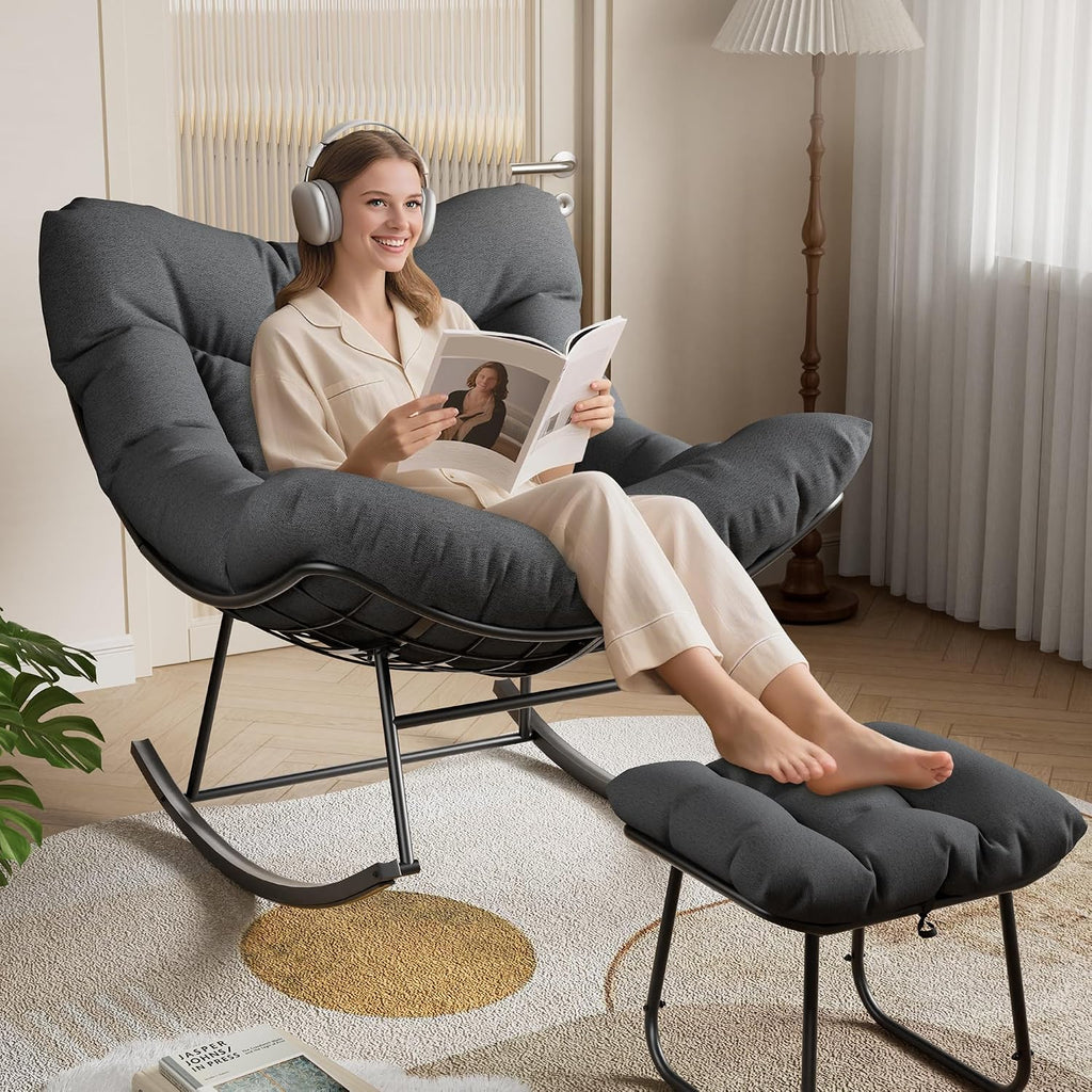 GarveeLife Oversized Papasan Rocking Chair with Footrest, Outdoor Lounge Chair with Ottoman and Sturdy Metal Frame, Patio Rattan Egg Rocker for Balcony Backyard Porch Bedroom, Grey