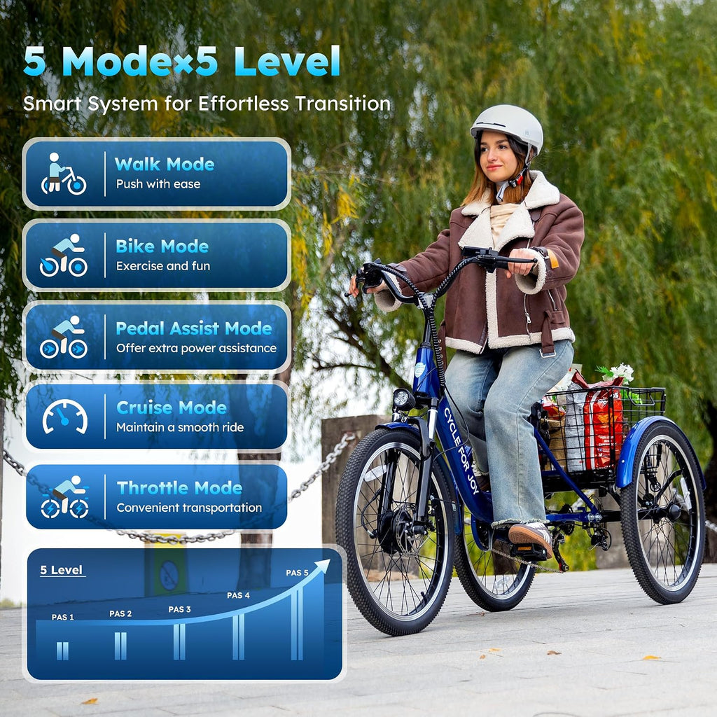 Electric Tricycle for Adults, 7-Speed Electric Trike with 48V 624WH Removable Battery, 70Miles Long Lasting Range in PAS 1, 18.6Mph Max, 3 Wheel Electric Bike, Dual Disc, 24'