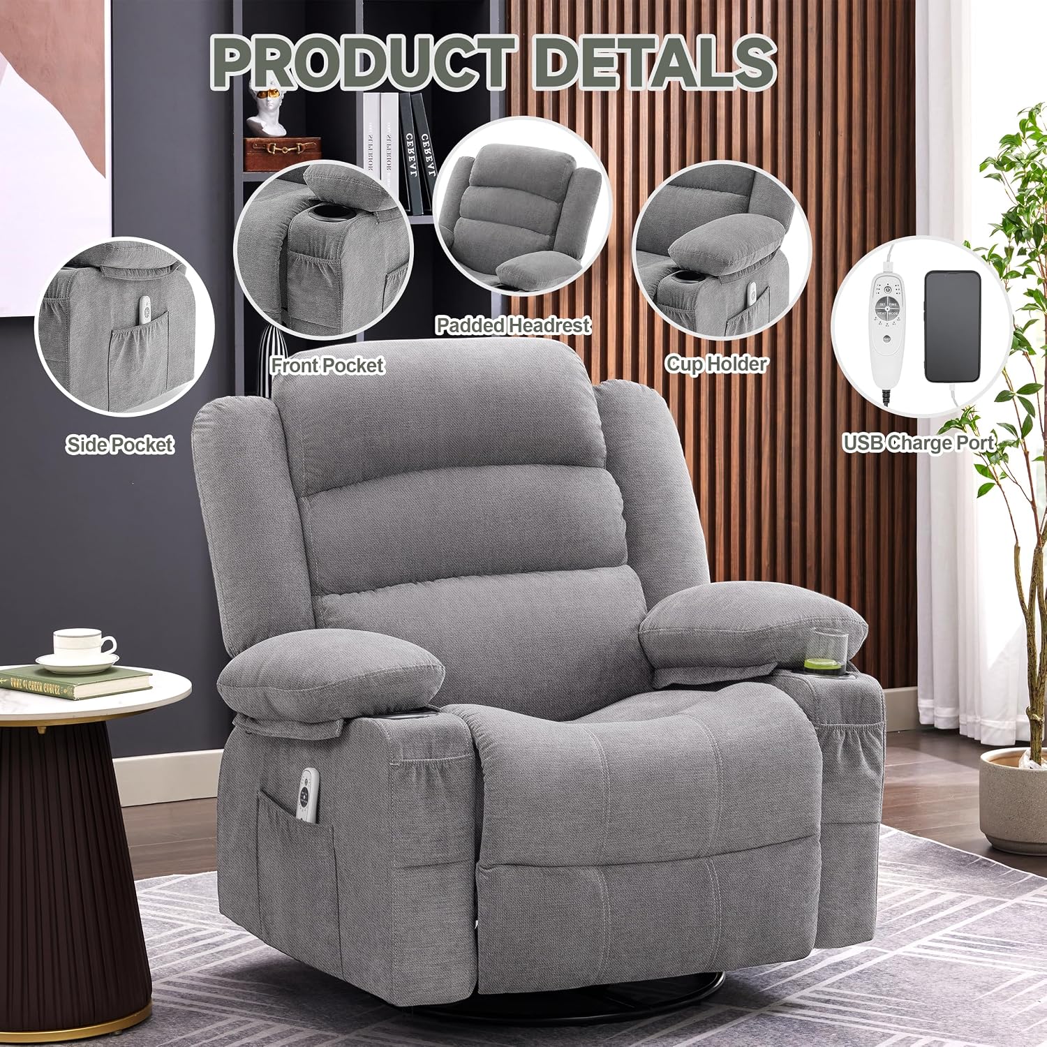 Rocker Recliner Chair with Heat and Massage, 360° Swivel Nursery Rocking Chairs for Adults, Oversized Recliner Single Sofa Seat with Cup Holders, Lazy Boy Recliner Single Sofa (Manual, Grey)