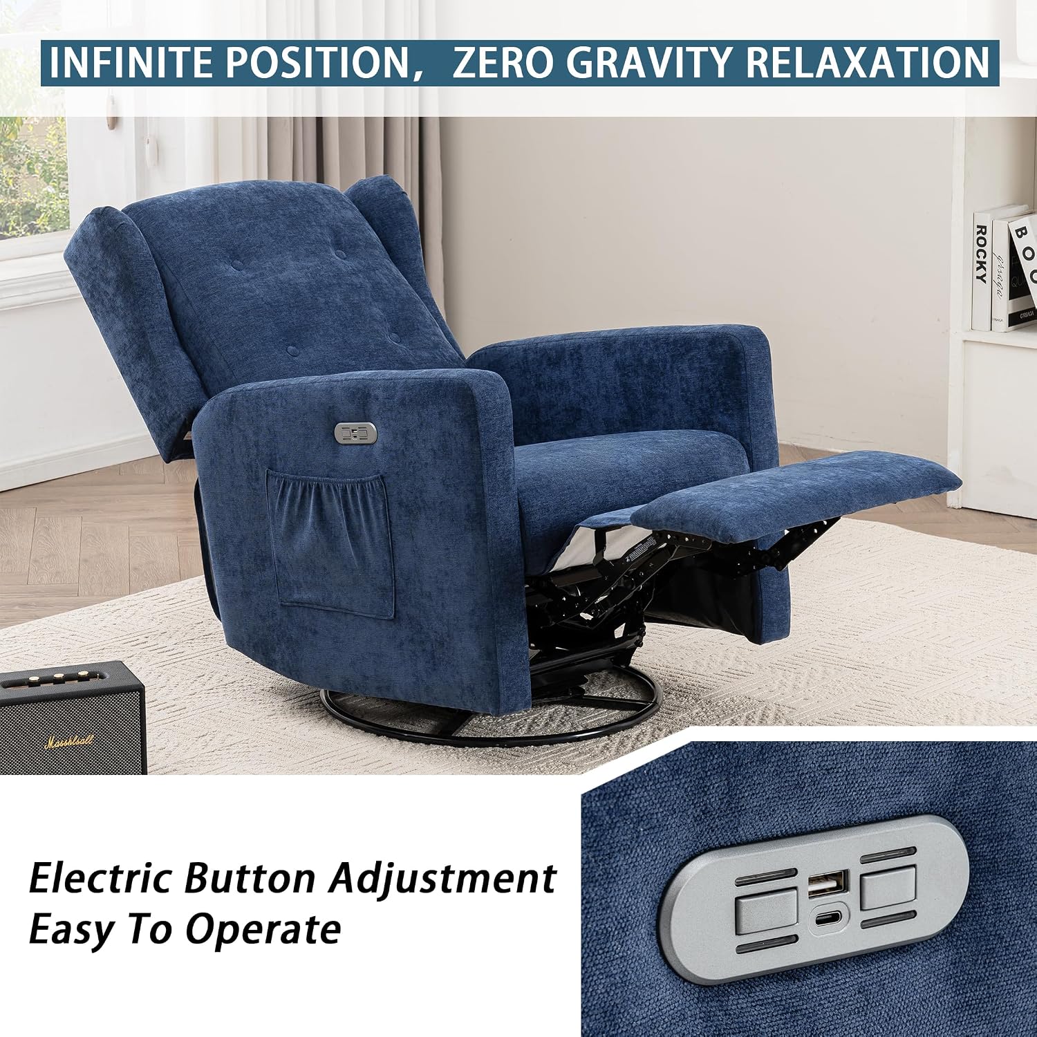Ketaiyou Power Swivel Rocking Recliner Chair, Electric Rocker Nursery Glider Chair, USB and Type-C Ports, Upholstered Fabric Reclining Single Sofa Chair for Living Room (Blue)