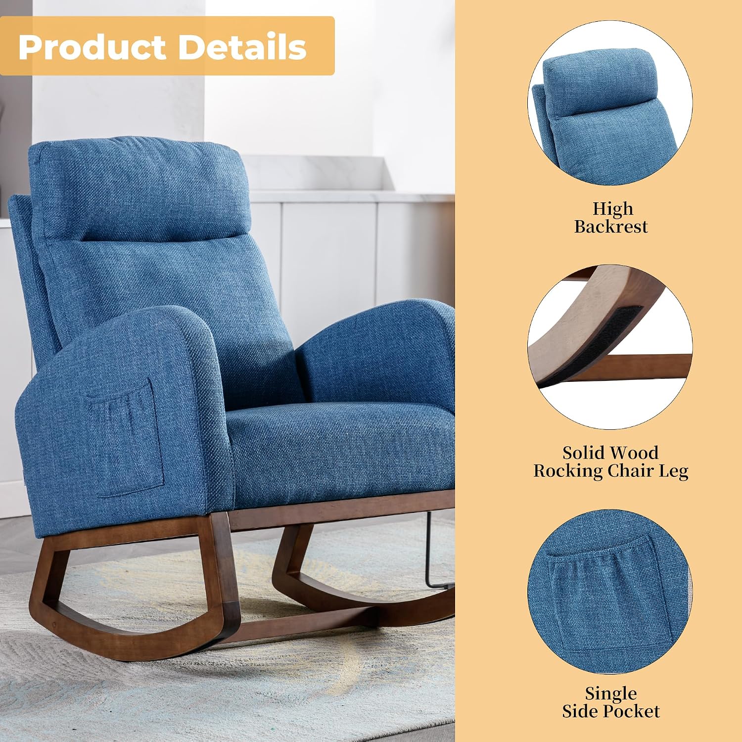 Modern Rocking Chair with Breathable Yellow Linen & Solid Wood Legs - Recliner Glider Armchair Featuring Side Pocket, High Back Support for Nursery, Living Room, Bedroom (Blue)