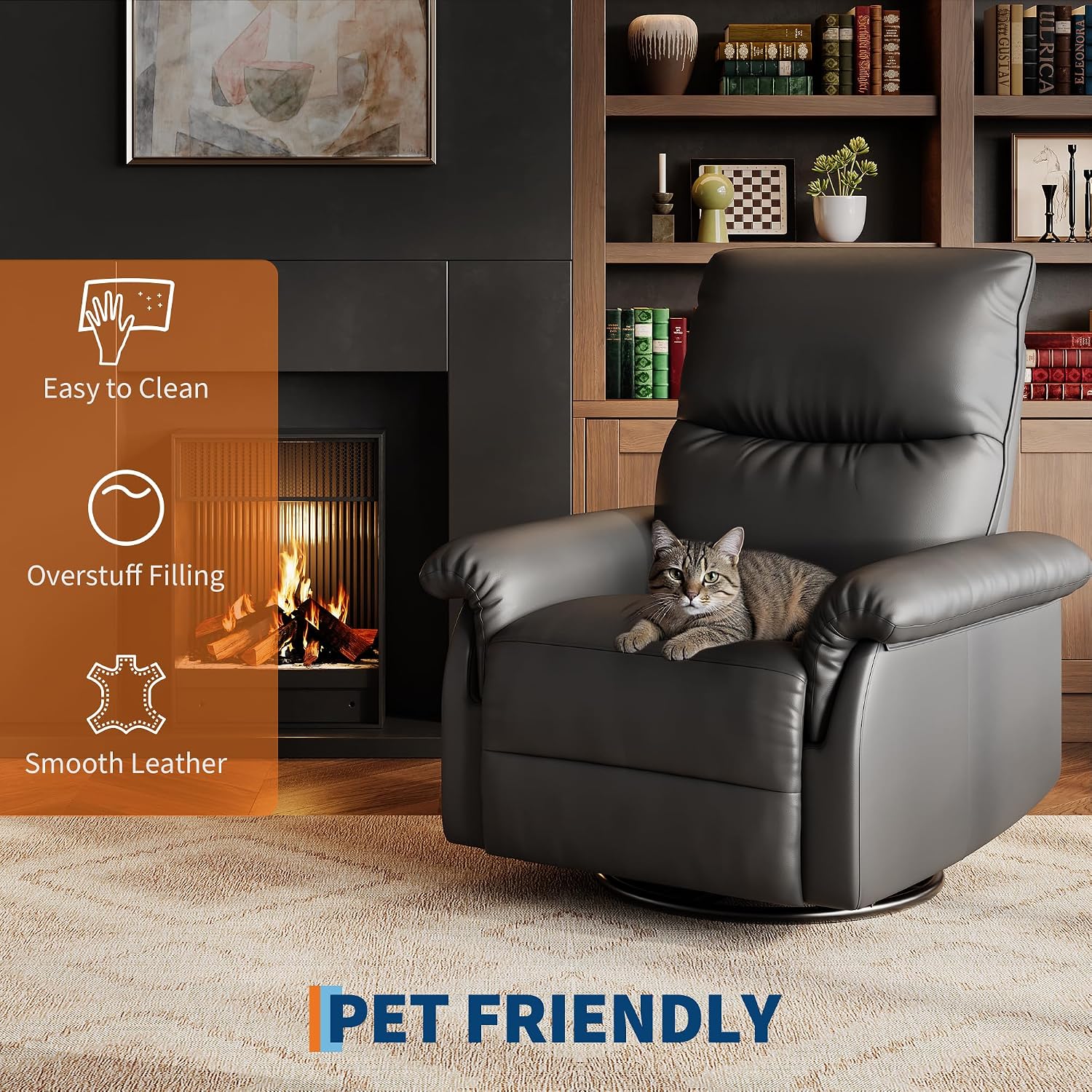 IDEALHOUSE Manual Recliner Chair, 360° Swivel Rocker Glider Recliner with Padded Armrests, Modern PU Leather Upholstered Reclining Chair for Living Room Bedroom and Nursery (Dark Black)