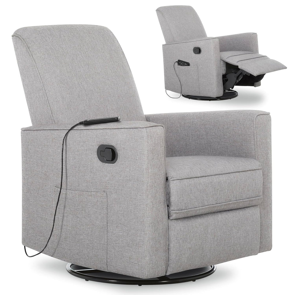 Evolur Raleigh Glider with Massager in Charcoal, Upholstered Plush Seating 360° Swivel Glider Rocking Chair, FSC Certified, Greenguard Gold & JPMA Certified Nursery Glider Recliner