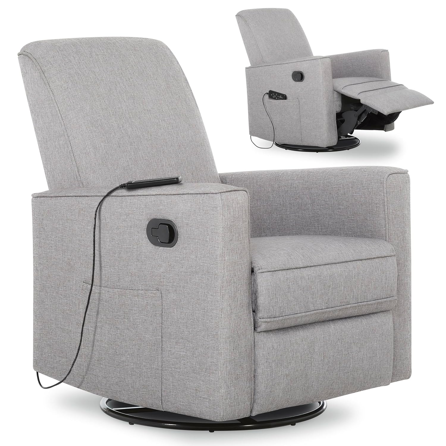 Evolur Raleigh Glider with Massager in Charcoal, Upholstered Plush Seating 360° Swivel Glider Rocking Chair, FSC Certified, Greenguard Gold & JPMA Certified Nursery Glider Recliner