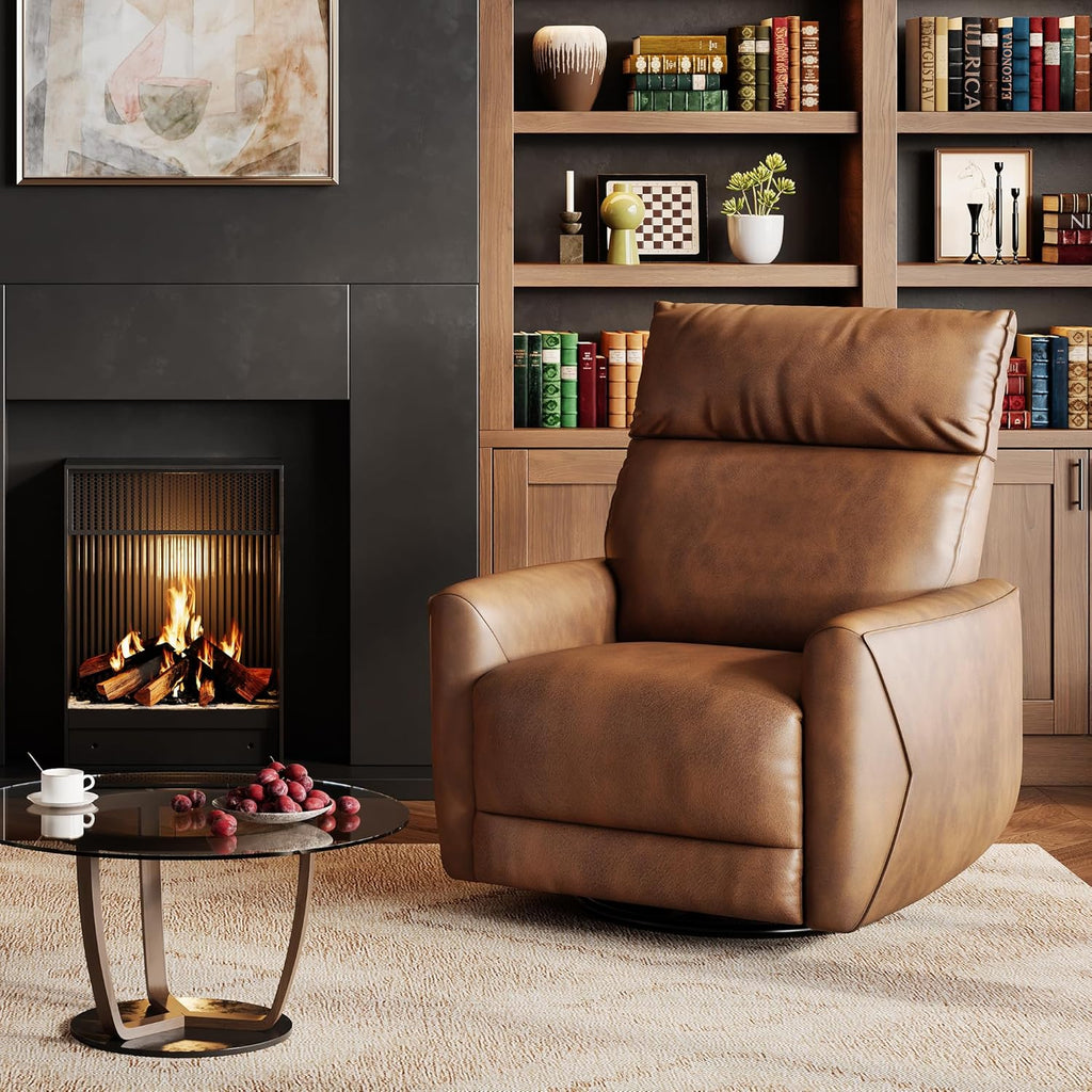 Power Recliner Chair, 270° Swivel Glider with USB Charging Port, Large PU Leather Seat, Wide 22.4', Ergonomic High Back for Living Room, Nursery (Power Walnut)