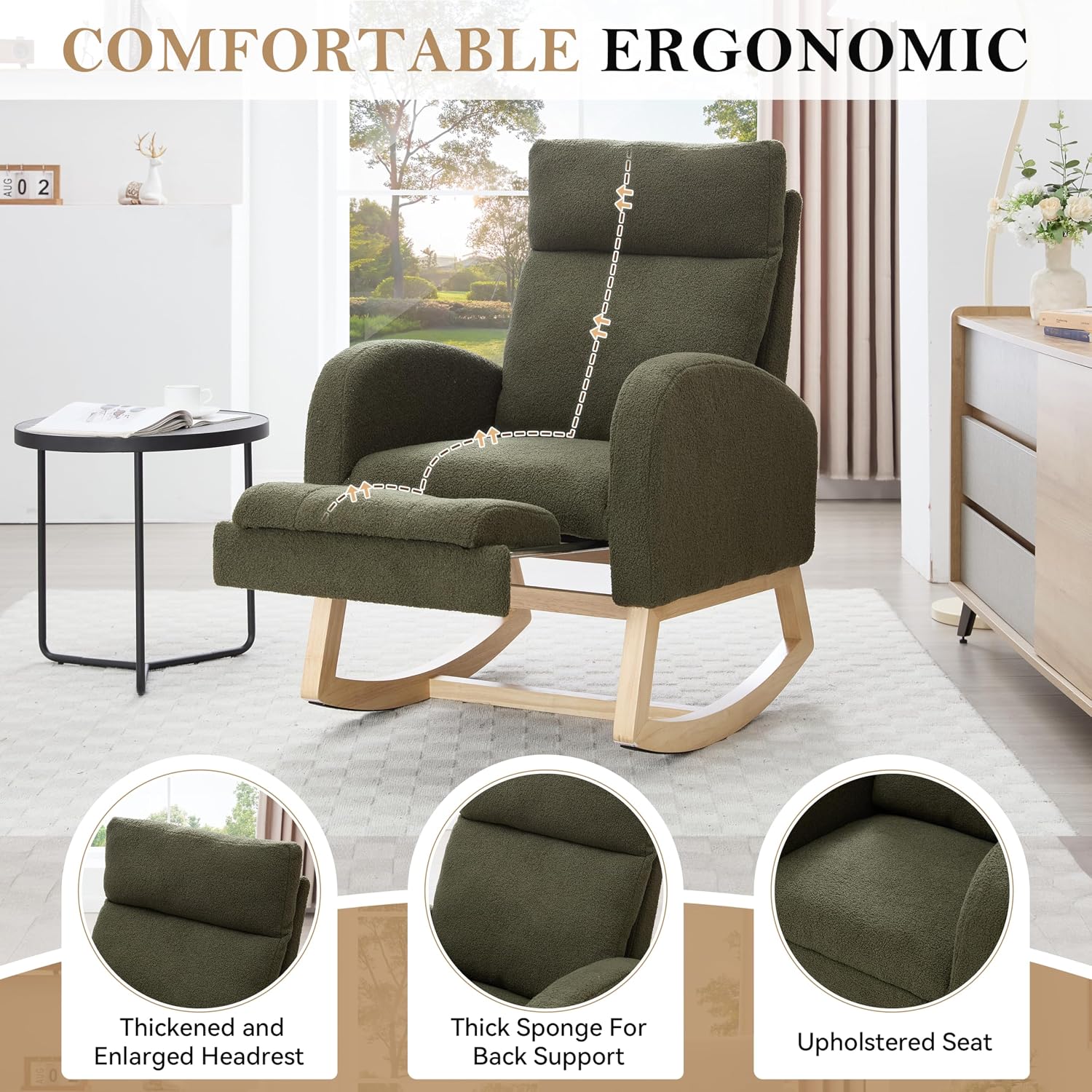 Setawix Teddy Rocking Glider Chair with Footrest for Nursery,Upholstered Living Room Rocker Arm Chair,Leisure Rocking Armchair,Mid Century Modern Rocking Accent Chair with Side Pockets (Teddy Green)
