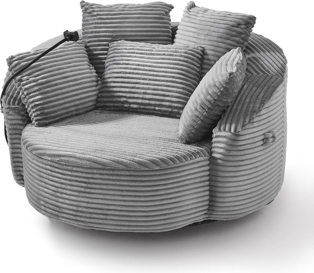 JIVOIT 360° Swivel Accent Chair with 5 Throw Pillows, Adjustable Phone Holder, Corduroy Fabric Round Sofa Chair Barrel Chair with Semi-Wraparound Design for Living Room, Office and Hotel (Gray,1)