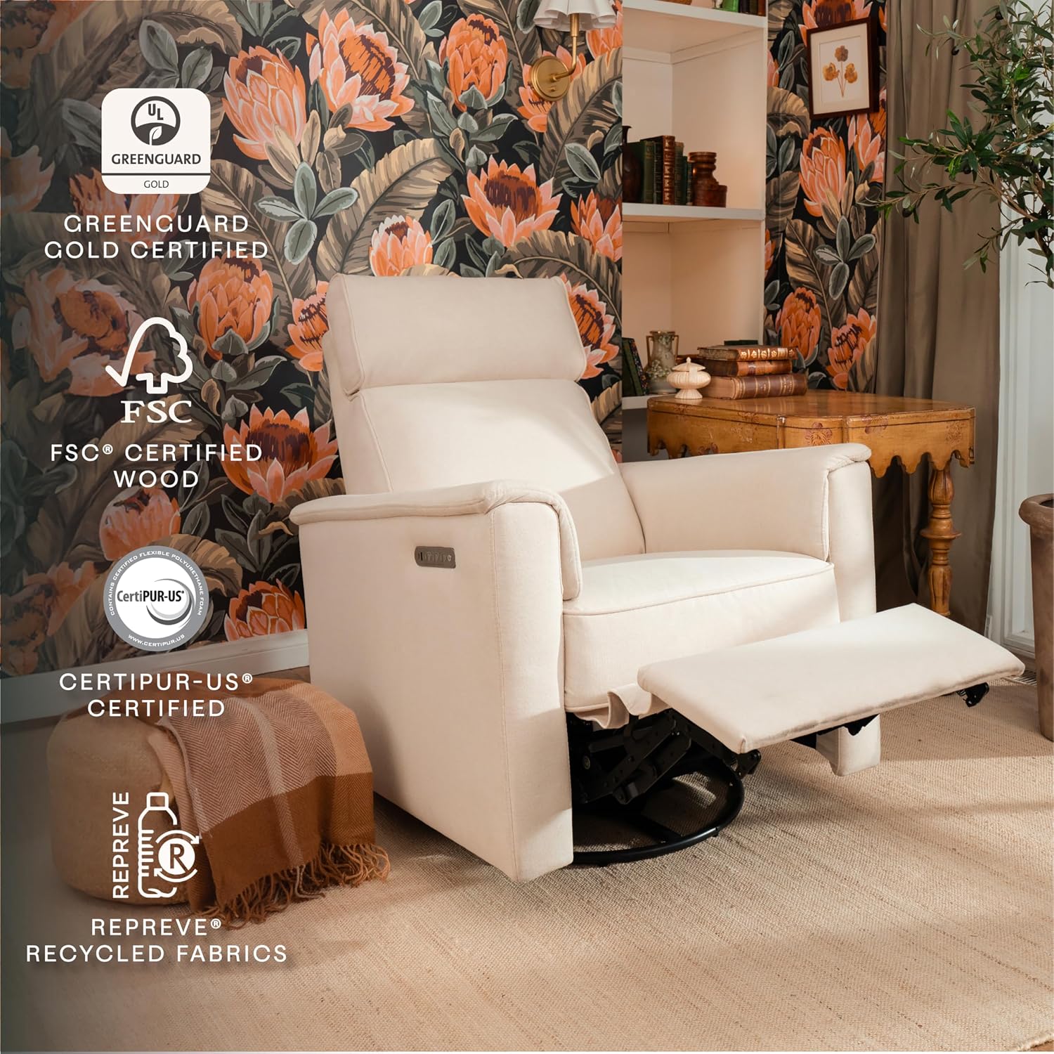 Namesake Willa Pro Power Recliner and Swivel Glider in Performance Cream Eco-Weave, Built-in USB Charging Port, Adjustable Headrest and Lumbar Support | Greenguard Gold and CertiPUR-US® Certified