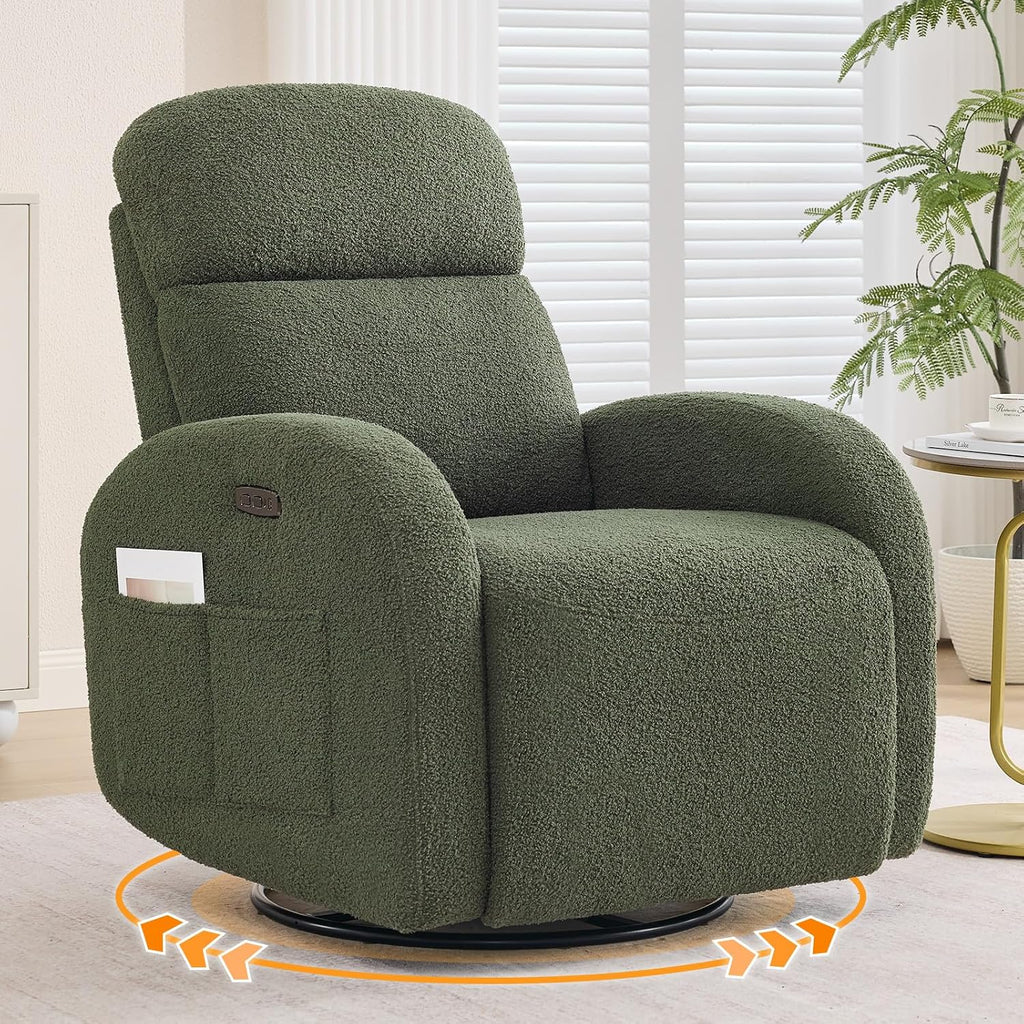 Power Nursery Glider Recliner, Boucle Swivel Rock Recliner with USB & Type-C, Nursery Rocking Chair Recliner with Double Pockets and Lumbar Support for Adult, Teddy Green