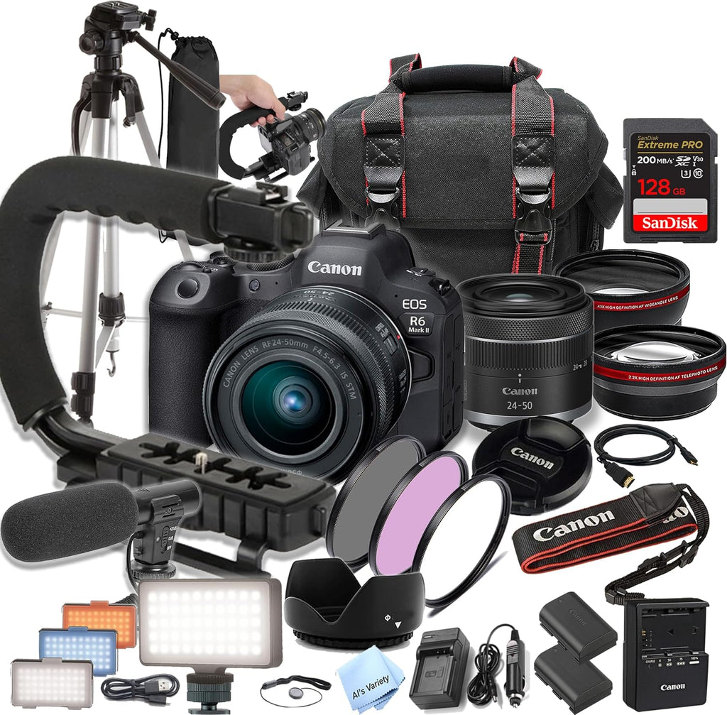 Canon EOS R6 Mark II Camera Bundle with 24-50mm + 128GB Extreme Speed Card, U-Grip, Microphone, LED Video Light, Spare Battery, Filter Kit, More (Extreme Pro-Bundle), Black (Renewed)