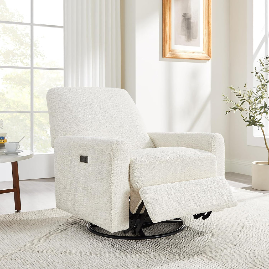 VANOMi Power Recliner Chair, 270° Swivel Nursery Chair with USB Charging Port Comfy Boucle Glider Rocking Chairs for Living Room, Nursery, Bedroom, White