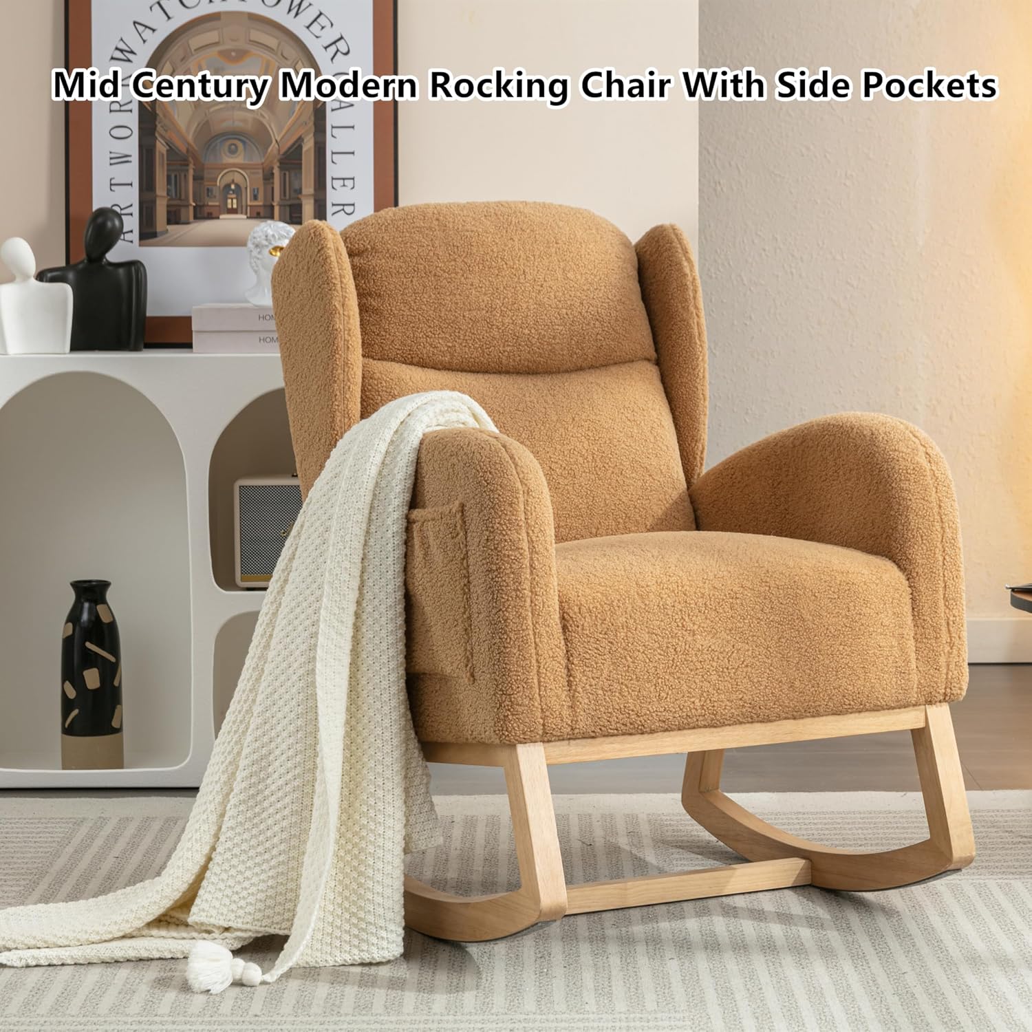 Setawix Teddy Rocking Glider Chair for Nursery,Upholstered Living Room Rocker Arm Chair,Leisure Sherpa Wingback Armchair,Mid Century Modern Rocking Accent Chair with Side Pockets (Wingback Khaki)