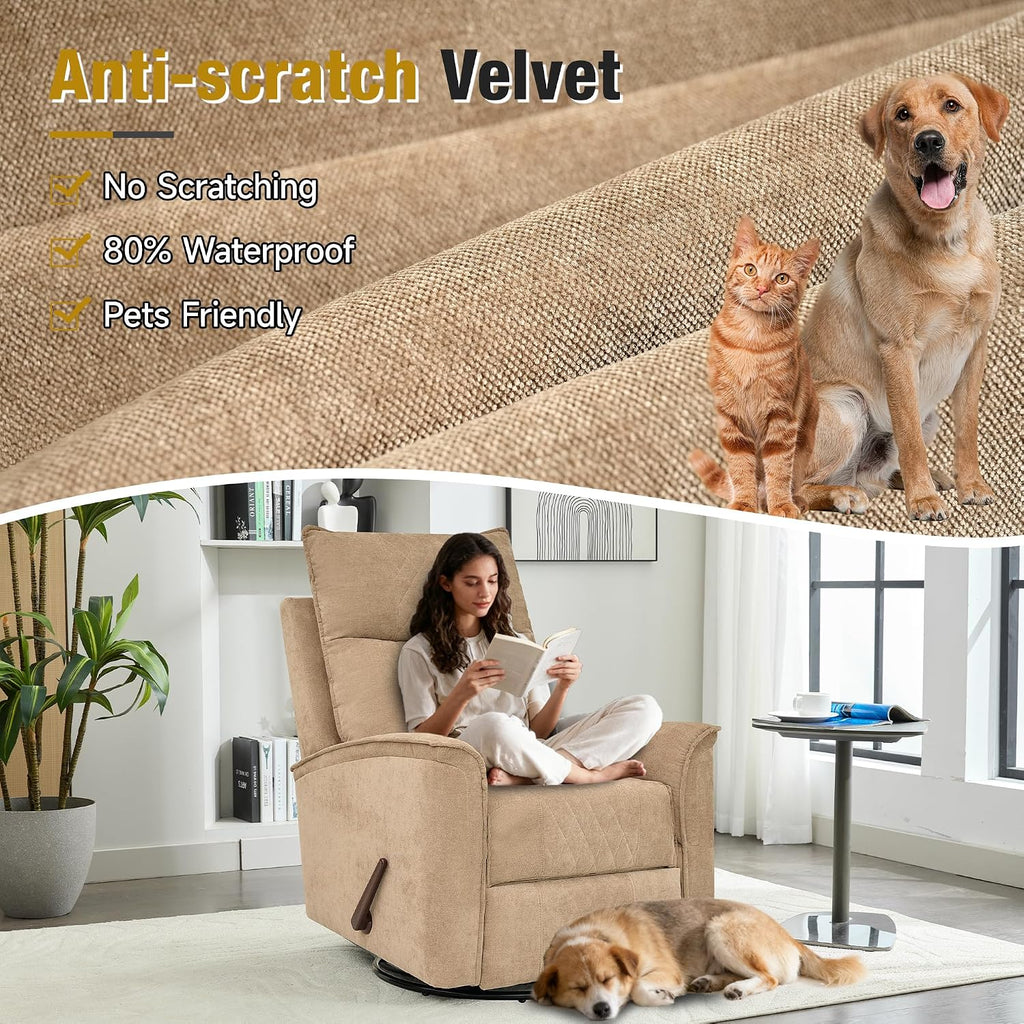 Swivel Rocker Recliner Chair for Adults, Rocking Chair, Small Swivel Recliner for Small Spaces, Living Room, Bedroom, RV(Khaki)