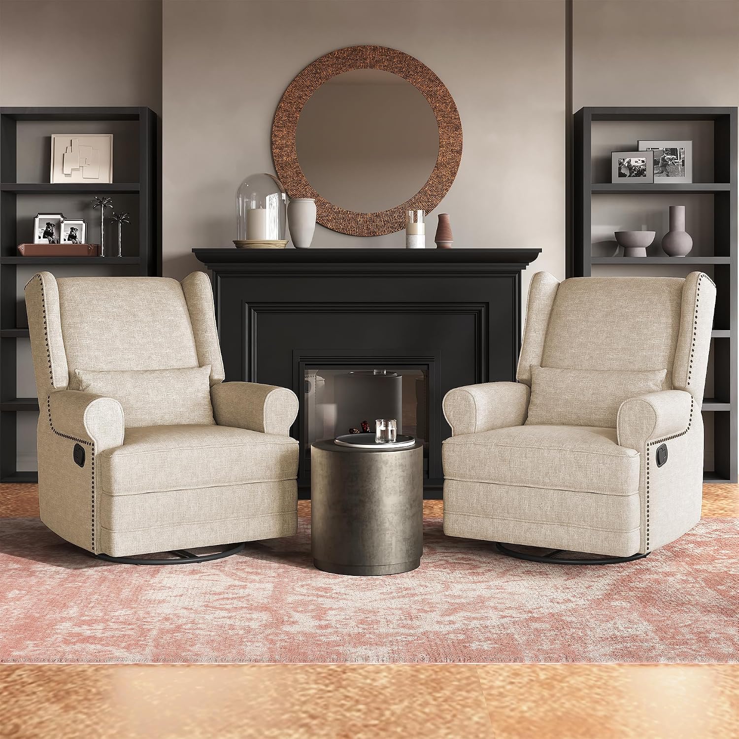 RoyalCraft Swivel Recliner Chair with Extra Large Footrest, Comfy Upholstered Glider Rocking Chair for Living Room, Bedroom and Ofice, Beige