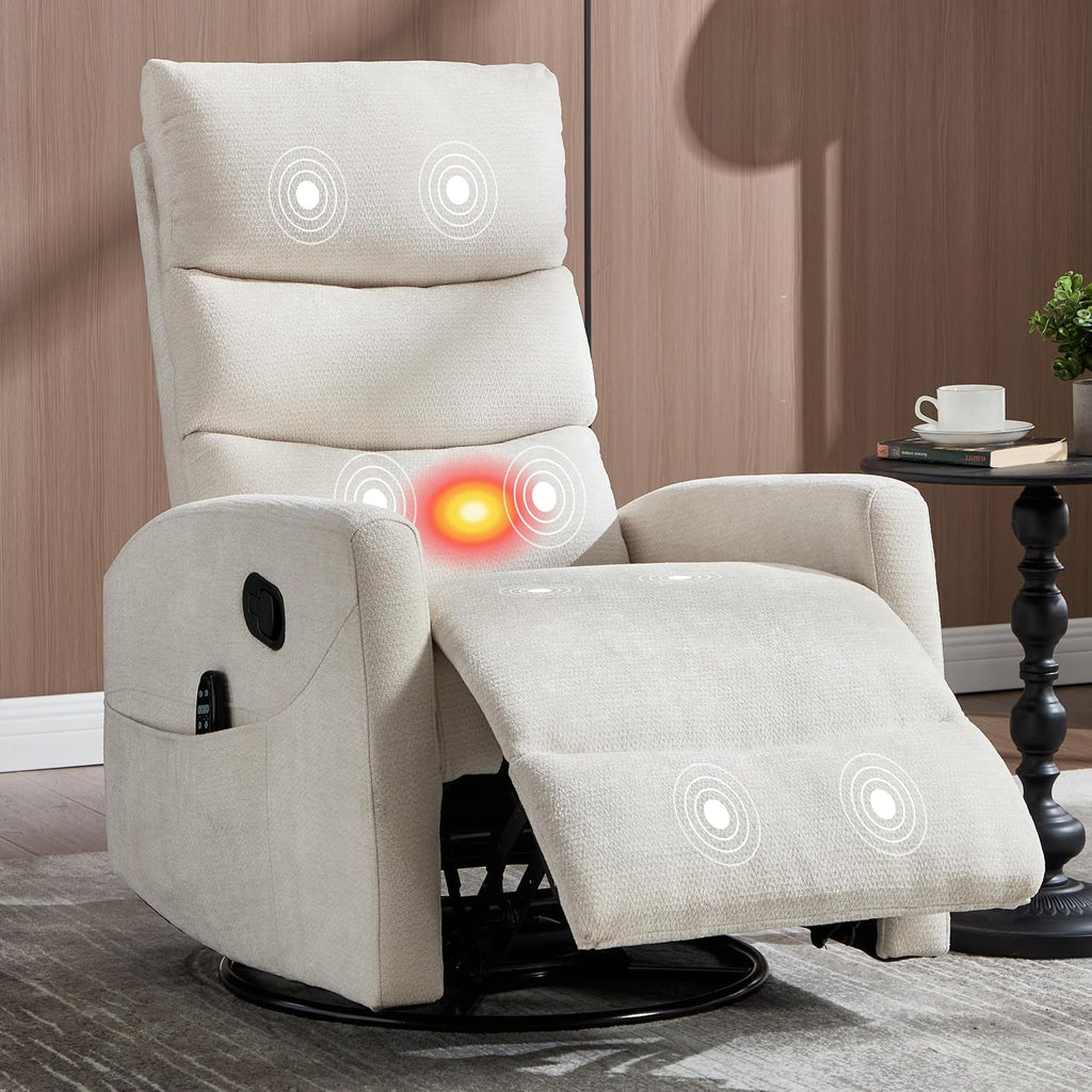 Manual Swivel Rocker Recliner Chair for Adults, Overstuffed Glider Chair for Nursing with Vibration Massage & Lumbar Heat, Living Room Rocking Recliner 3-Stage backrest, Chenille Fabric Beige