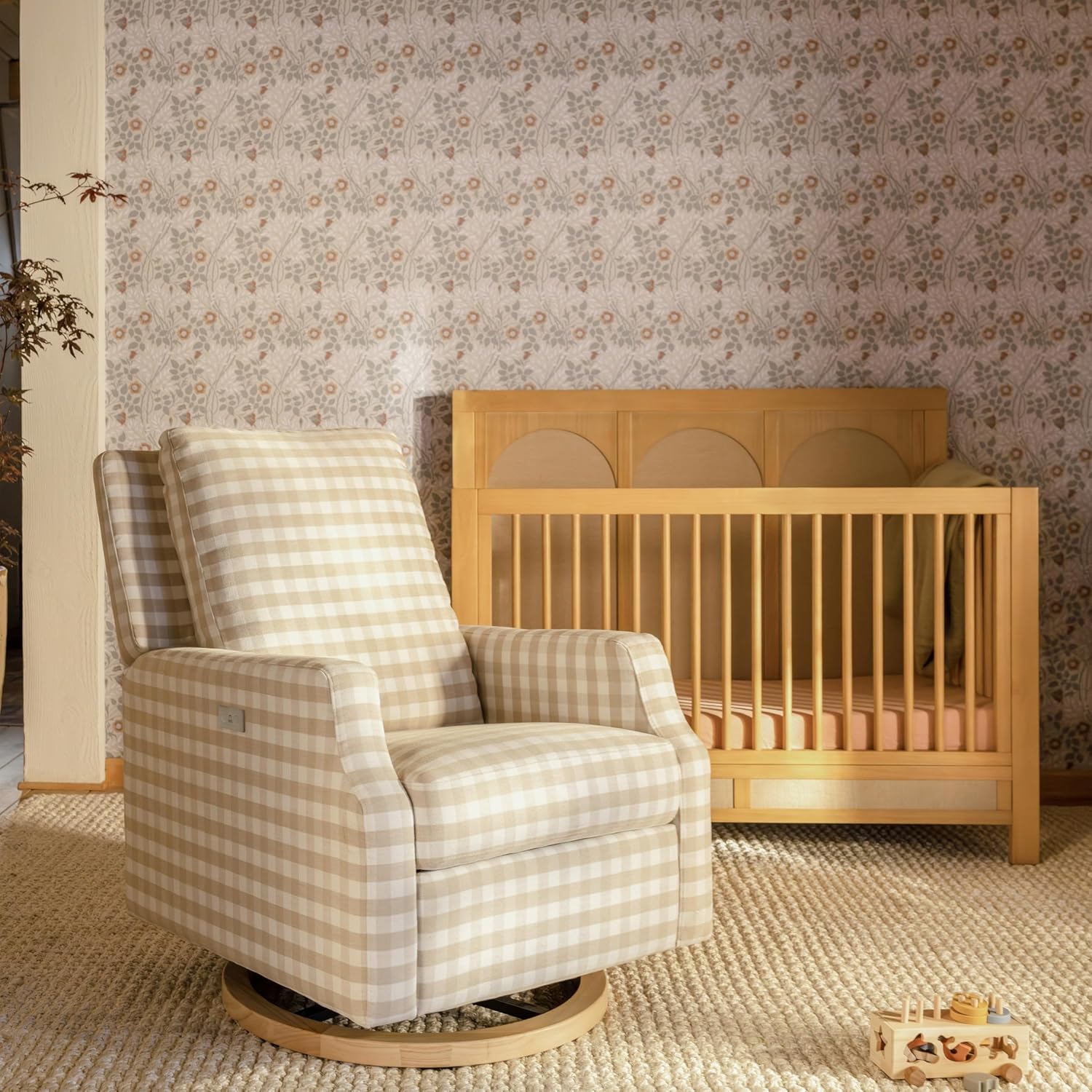 Namesake Crewe Glider Recliner Nursery Chair - GREENGUARD Gold & Certi-PUR US Certified Rocker Recliner - Glider Rocking Chair for Nursery & Living Room - Electronic, 270° Swivel, Tan Gingham