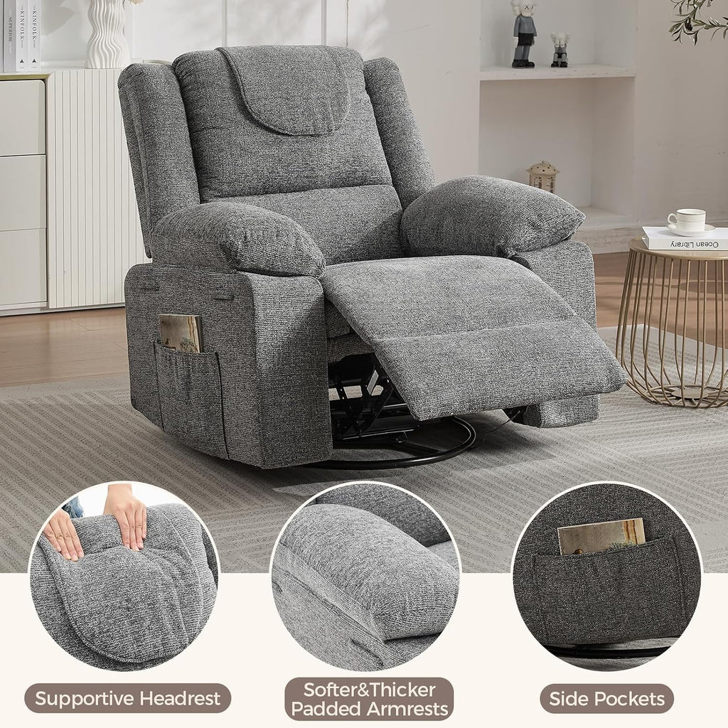 Rocking Nursery Glider Recliner Chair,360° Swivel Rock Recliner Chairs Single Sofa with Vibration Massage and Heating for Living Room/Bedroom,Grey