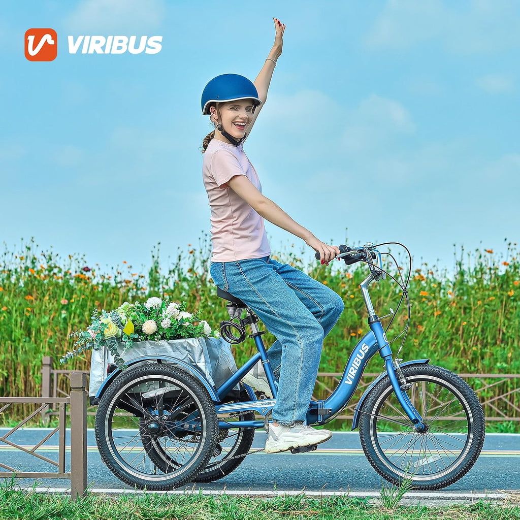 VIRIBUS Folding Tricycle for Adults, 20 inch Foldable Adult Tricycle 1 or 7 Speed Speed with Basket, Folding 3 Wheel Bikes for Adults Senior Women Men, Collapsible Mini Trike, Three Wheeler 330lb.