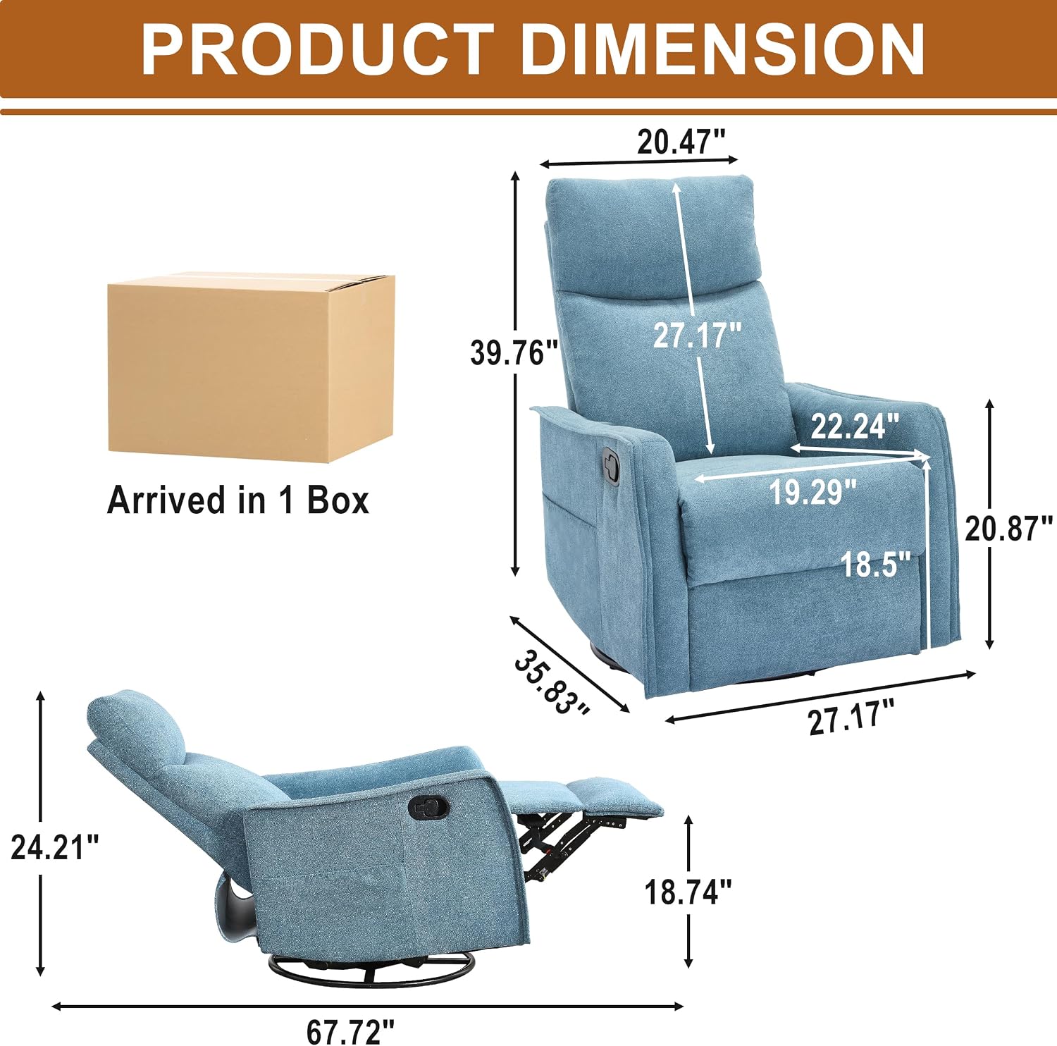 Manual 360° Swivel Rocker Recliner Chair for Adults, Overstuffed Glider Chair for Nursery with Vibration Massage and Heat, Comfy Soft Fabric Glider with Side Pockets for Living Room, Blue