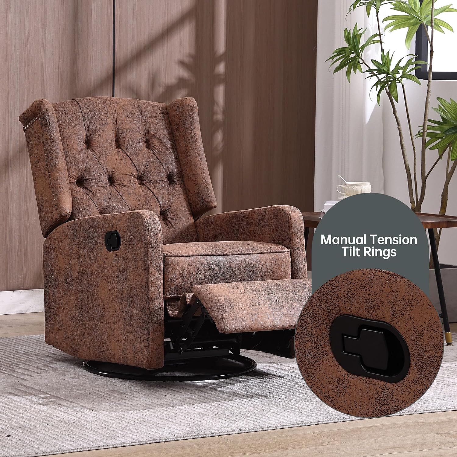 HRVEOCEI Glider Recliner Nursery Chair, Cozy Microsuede Rocking Chair Nursery Recliner with Adjustable Button Backrest and Footrest, Swivel Recliner Chair for Living Room, Bedroom, Office (Coffee)