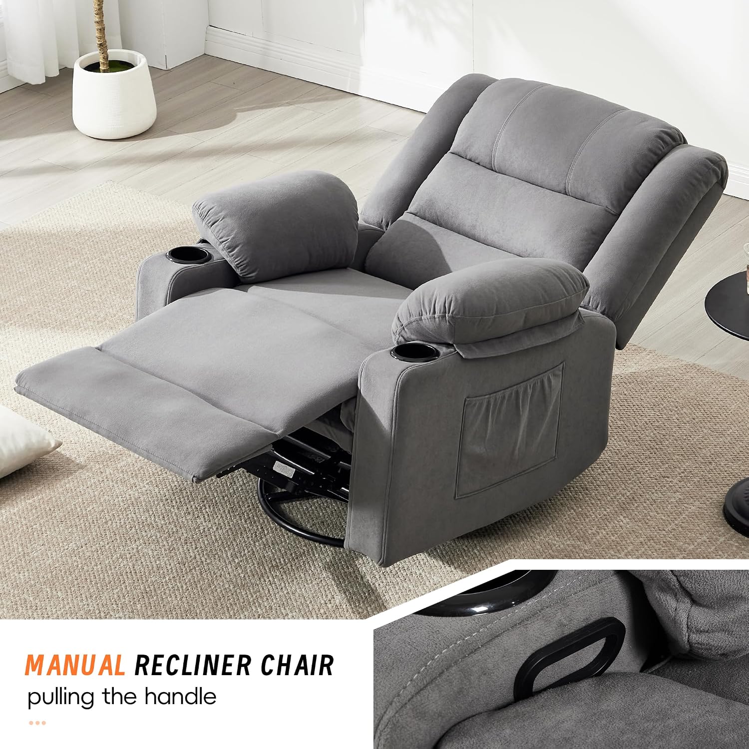 360°Swivel Rocker Recliner Chair for Adults,Manual Glider Recliner Sofa with Massage and Heating, Nursery Rocking Chairs with Cup Holds for Living Room Bedroom (Grey)