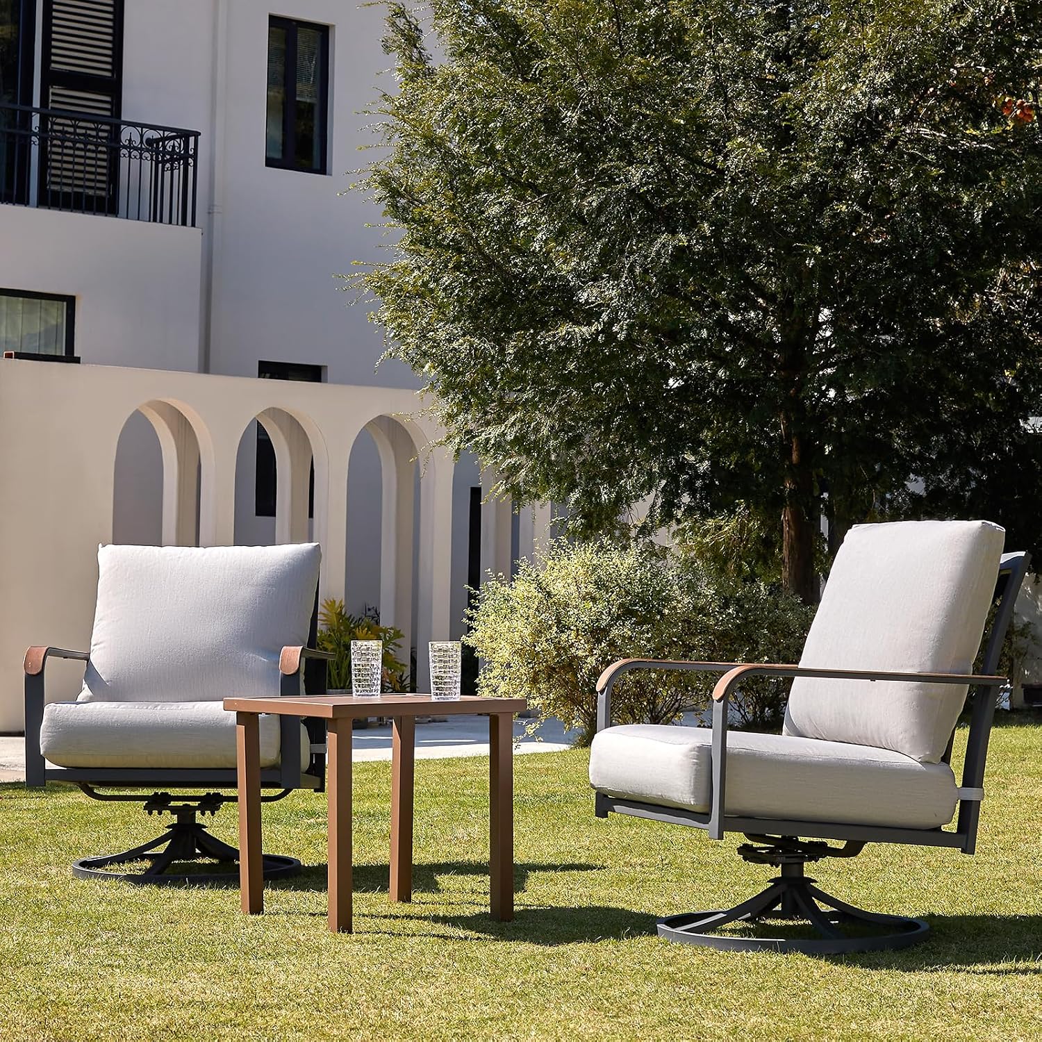 NATURAL EXPRESSIONS Outdoor Bistro Set,3 Piece Swivel Glider Rocking Chairs Patio Conversation Furniture Set with 2 Rockers,Metal Table,6' Thick Cushions for Backyard, Porch,Balcony,350lbs
