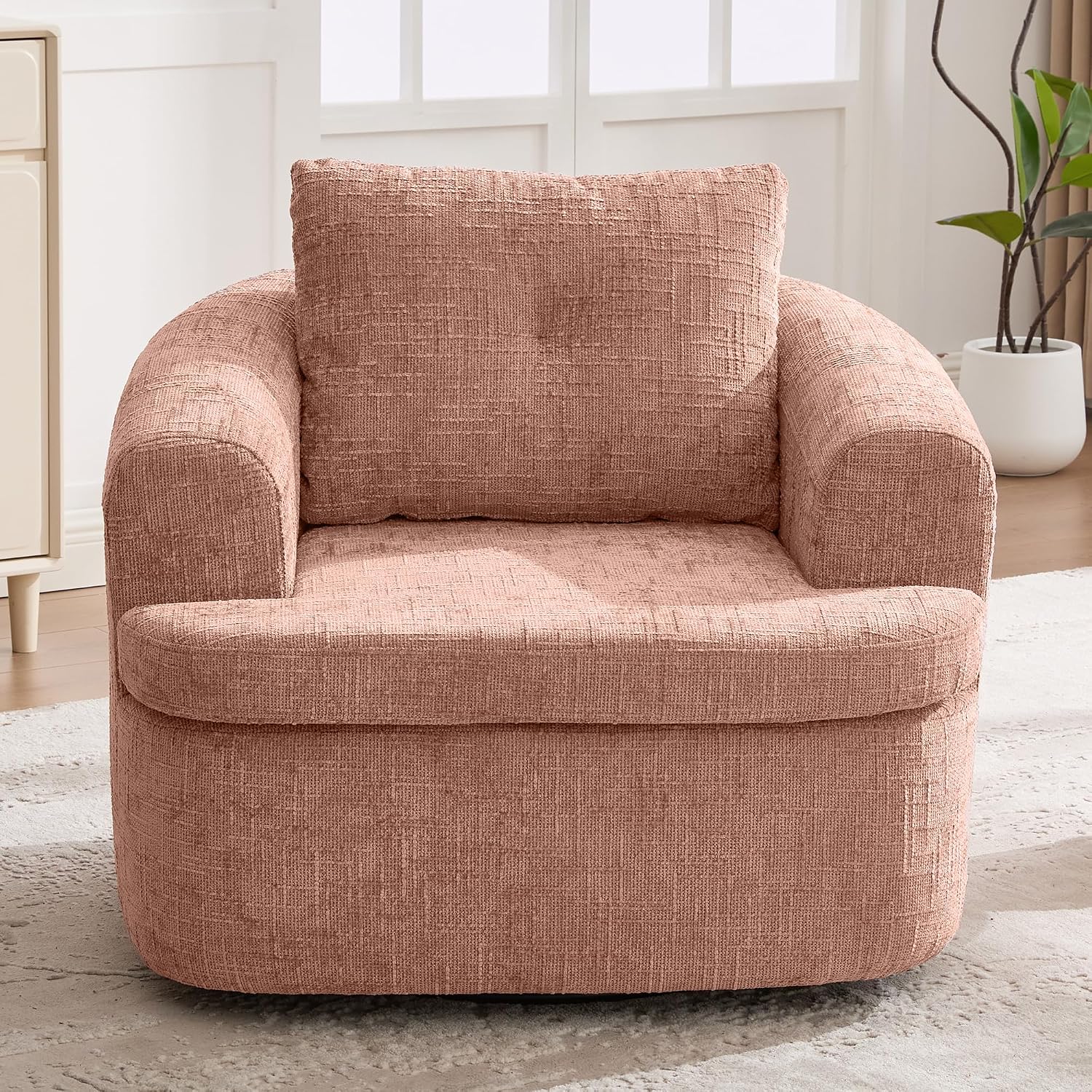 JIVOIT 360° Swivel Barrel Accent Chair, 36.6' Swivel Round Sofa Chair with Dual-Layer Cushion Design, Modern Upholstered Single Sofa for Living Room, Bedroom, Office and Hotel (Pink, 121)