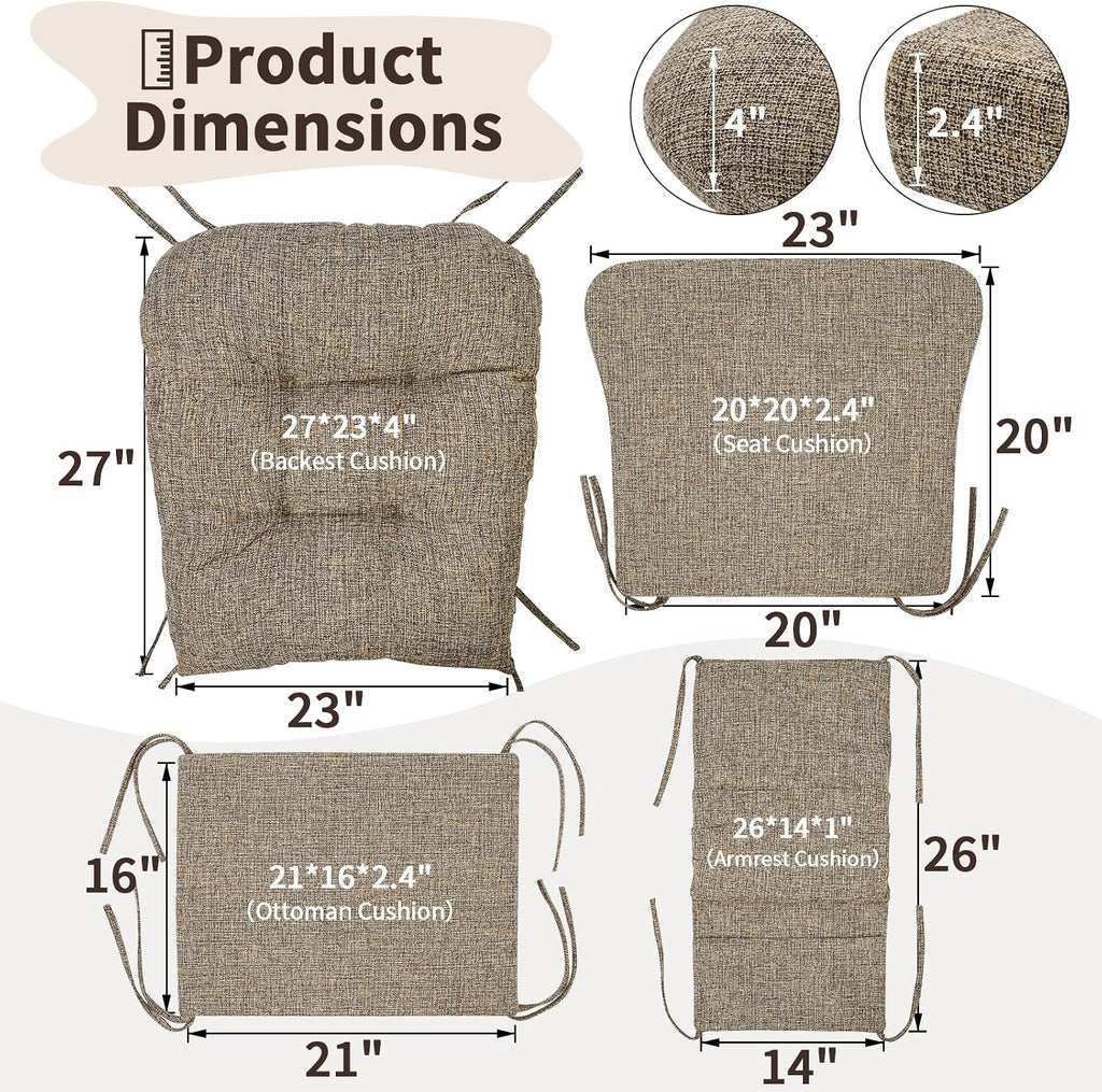 SINOSSO Glider Rocker Cushion Set (5 Pcs), Soft Blended Fabric High-Density Support Foam Seat Cushions with Ties, Fits Rocking Chair/Nursery Glider & Ottoman, Light Brown