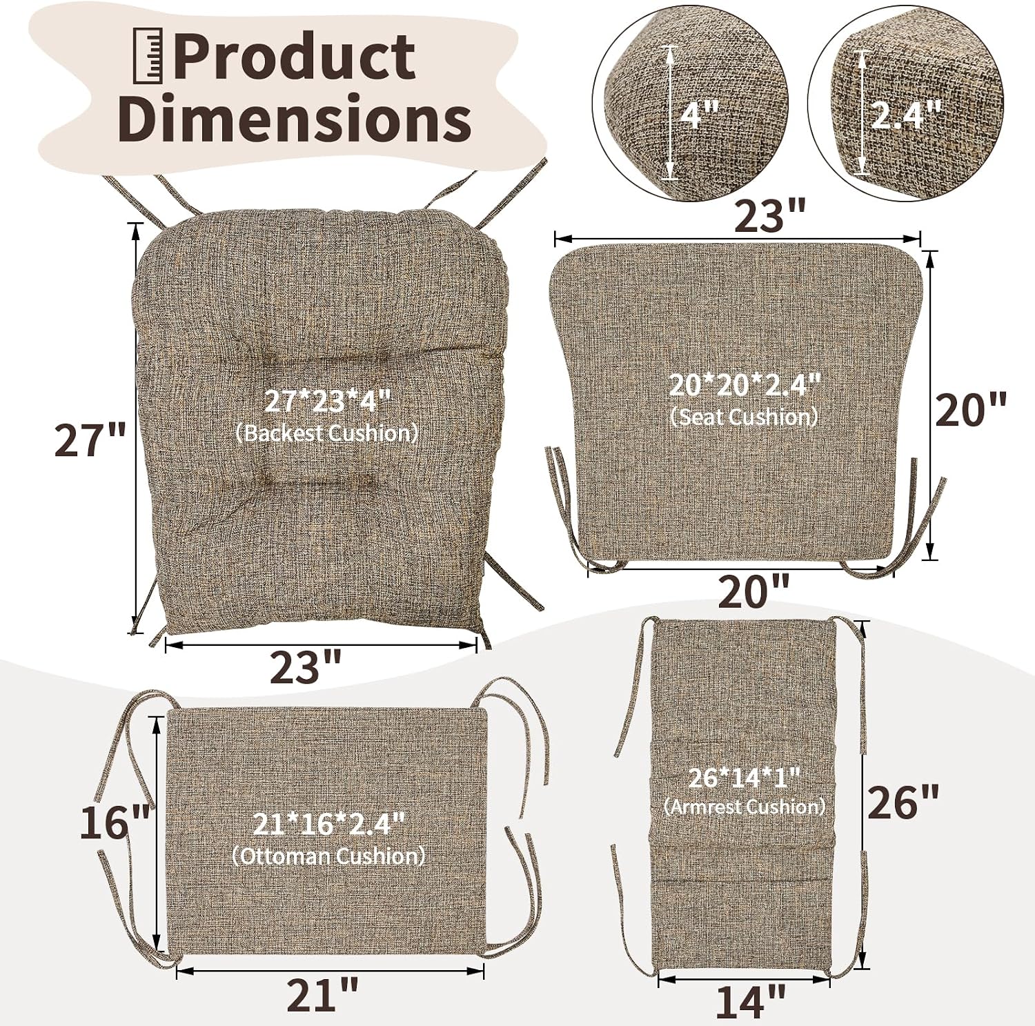 SINOSSO Glider Rocker Cushion Set (5 Pcs), Soft Blended Fabric High-Density Support Foam Seat Cushions with Ties, Fits Rocking Chair/Nursery Glider & Ottoman, Light Brown