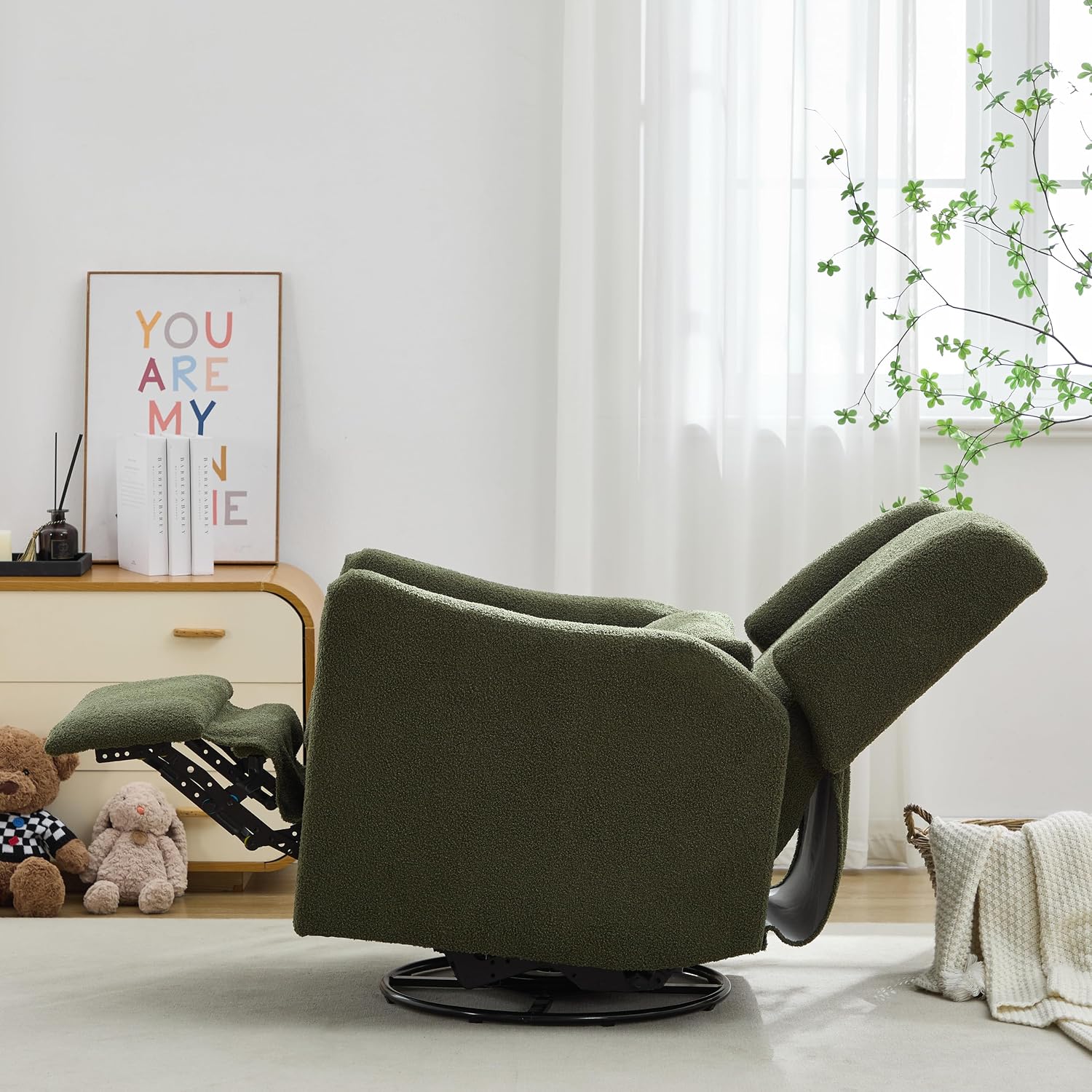 JIVOIT Modern Swivel Rocker Recliner Chair, 29.5'' Wide Wingback Swivel Rocker Recliner Chair, Linen Fabric Rocking Chair Nursery Chair for Living Room, Apartment (Seaweed Green/79)