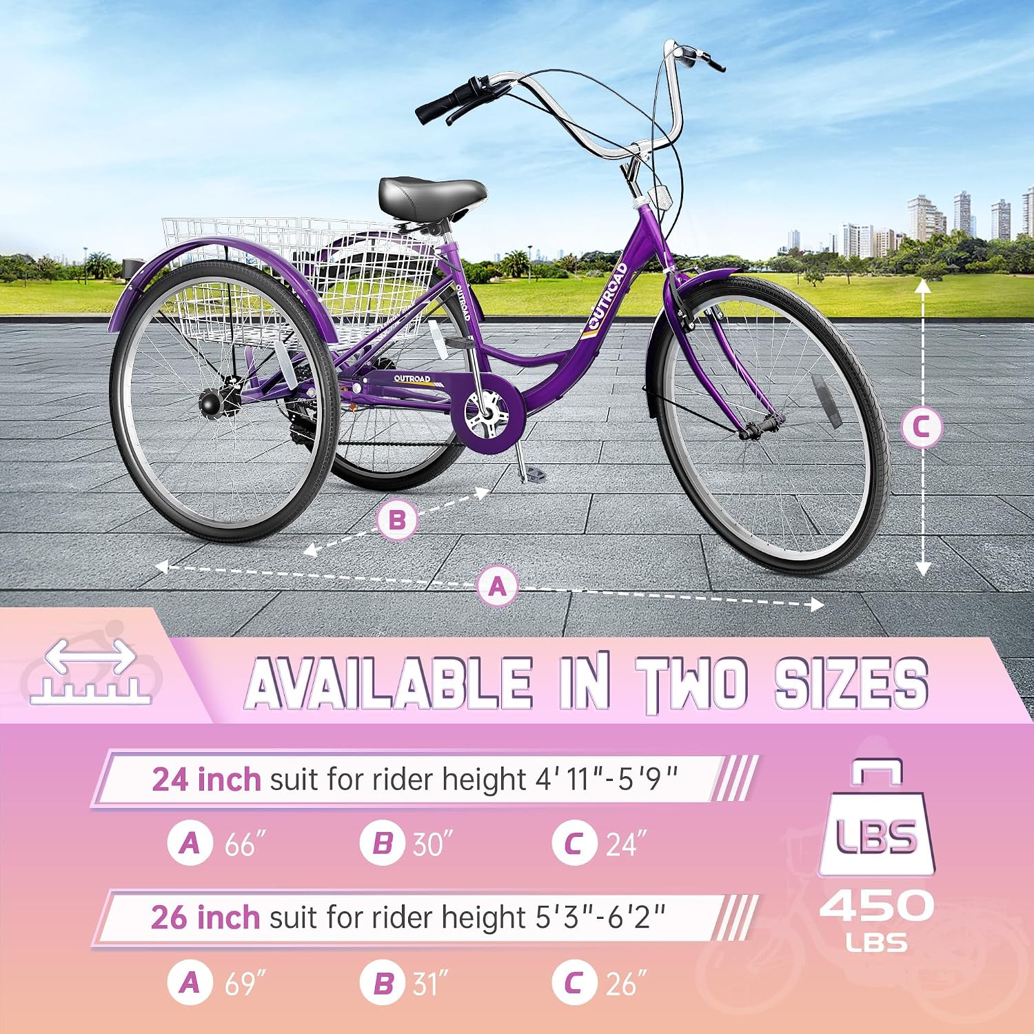 Single Speed Adult Tricycle, 3 Wheel Bikes with Large Basket, Cruiser Bike for Women/Men/Seniors, Adult Trike for Outdoor/Shopping/Recreation/Picnic(26Inch Purple)