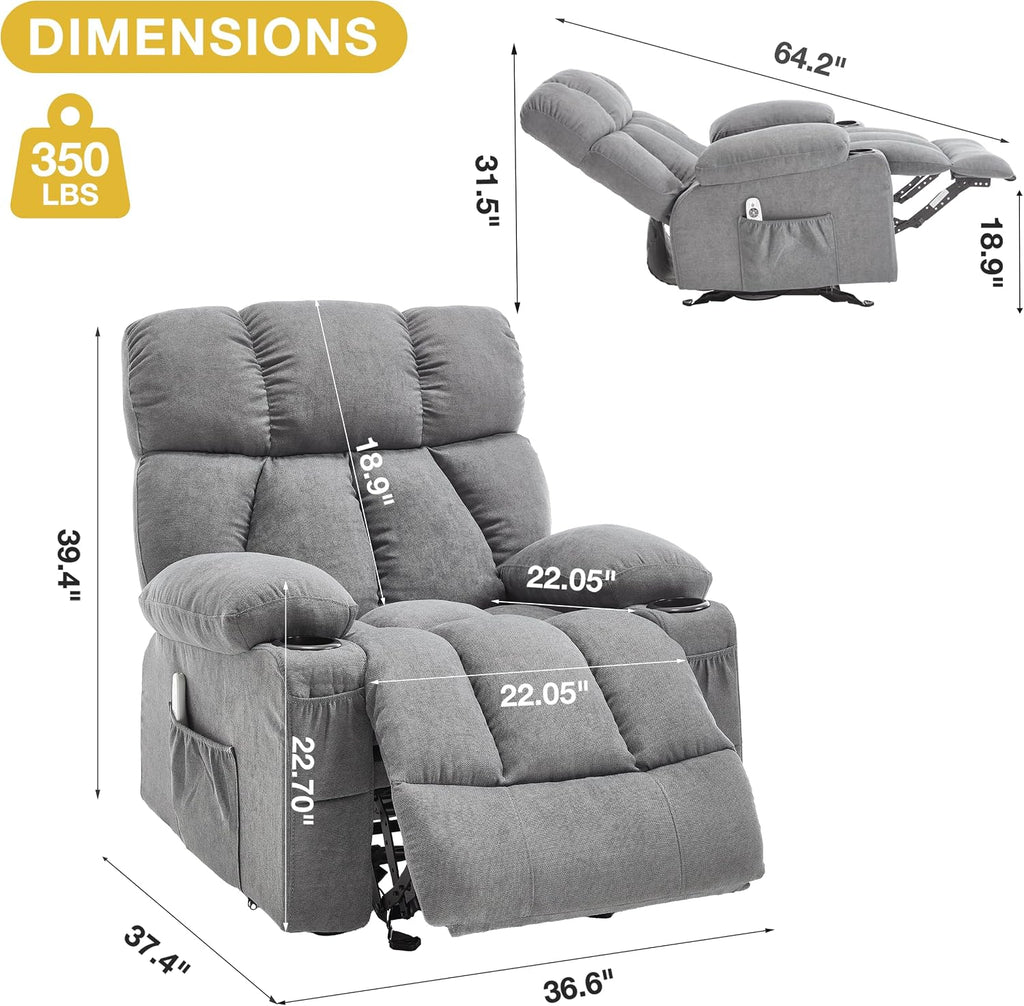 Massage Recliner Chair, Overstuffed Rocker Lazy Boy Chairs with Vibration&Gently Heat,Fabric Ergonomic Manual Nursery Chair for Living Room with Side Pocket, 2 Cup Holders, Grey