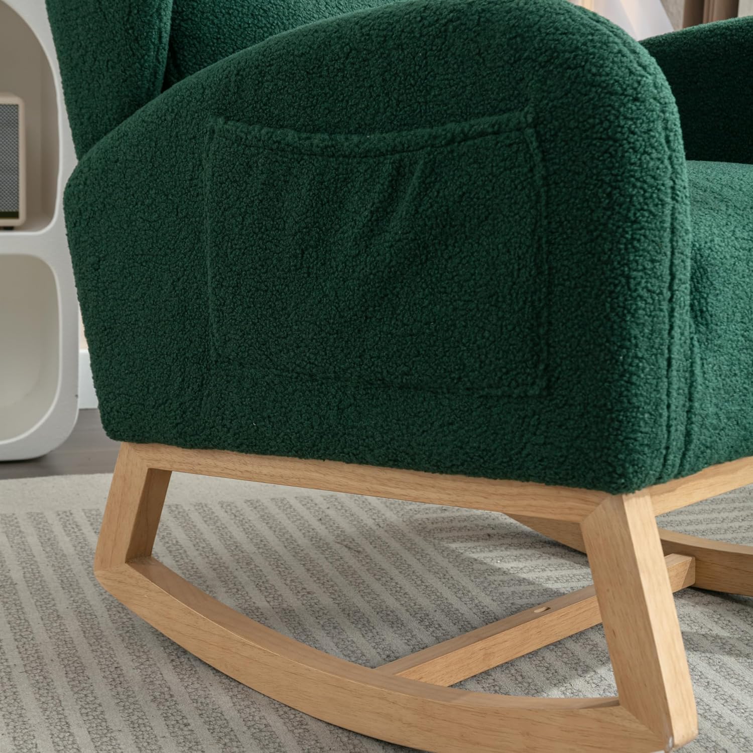 Setawix Teddy Rocking Glider Chair for Nursery,Upholstered Living Room Rocker Arm Chair,Leisure Sherpa Wingback Armchair,Mid Century Modern Rocking Accent Chair with Side Pockets (Wingback Green)