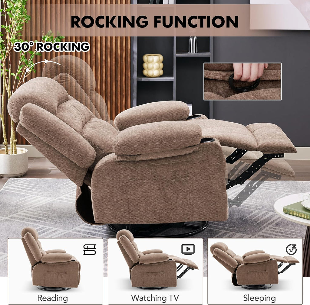Rocker Recliner Chair with Heat and Massage, 360° Swivel Nursery Rocking Chairs for Adults, Oversized Recliner Single Sofa Seat with Cup Holders, Lazy Boy Recliner Single Sofa (Manual, Brown)