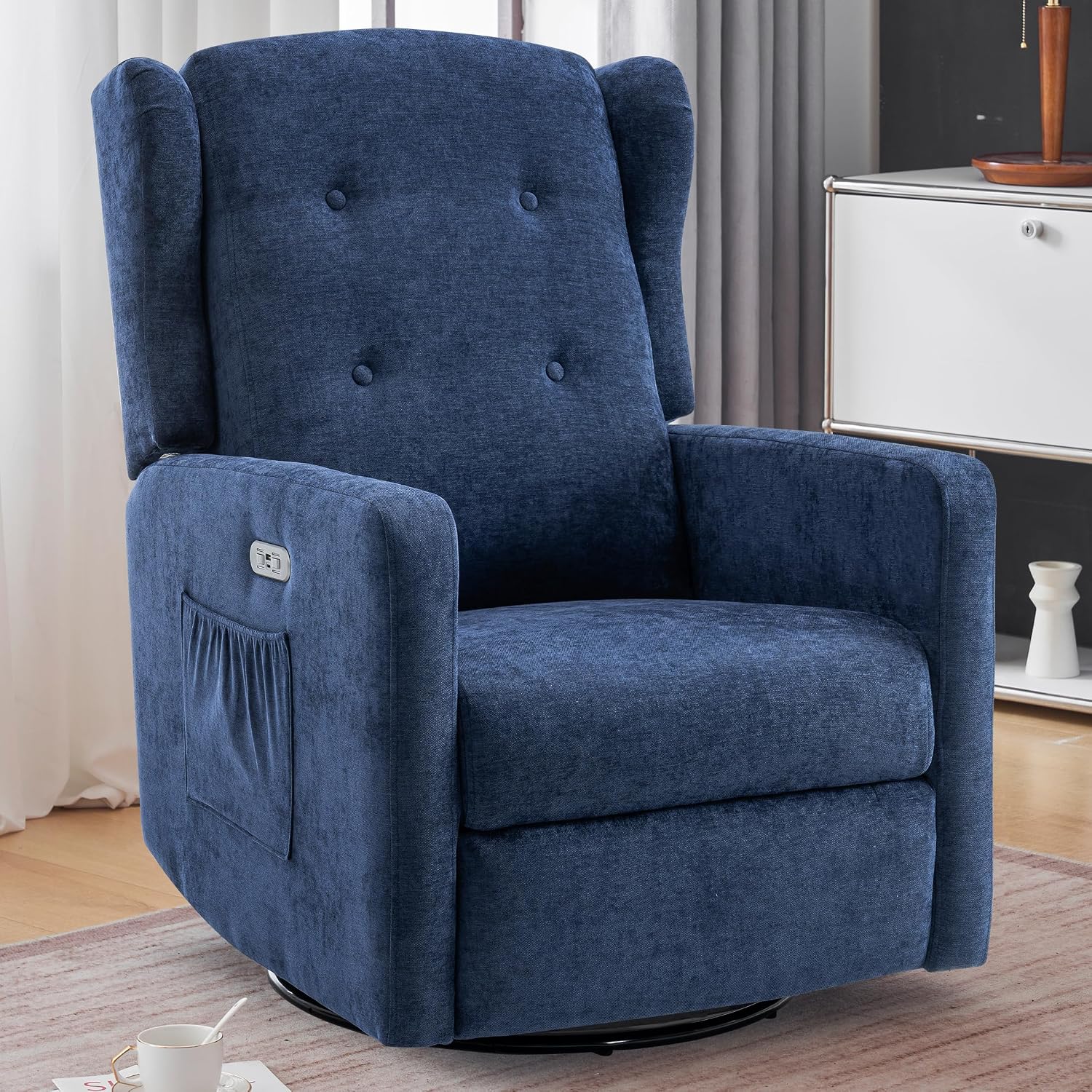 Ketaiyou Power Swivel Rocking Recliner Chair, Electric Rocker Nursery Glider Chair, USB and Type-C Ports, Upholstered Fabric Reclining Single Sofa Chair for Living Room (Blue)