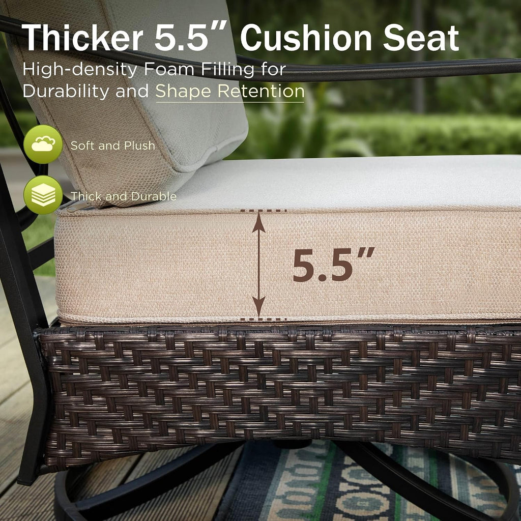 PHI VILLA Patio Rocking Chairs Set of 2, Outdoor Wicker Chairs with Thick Cushion, All Weather High Back Outdoor Furniture for Balcony Porch and Yard