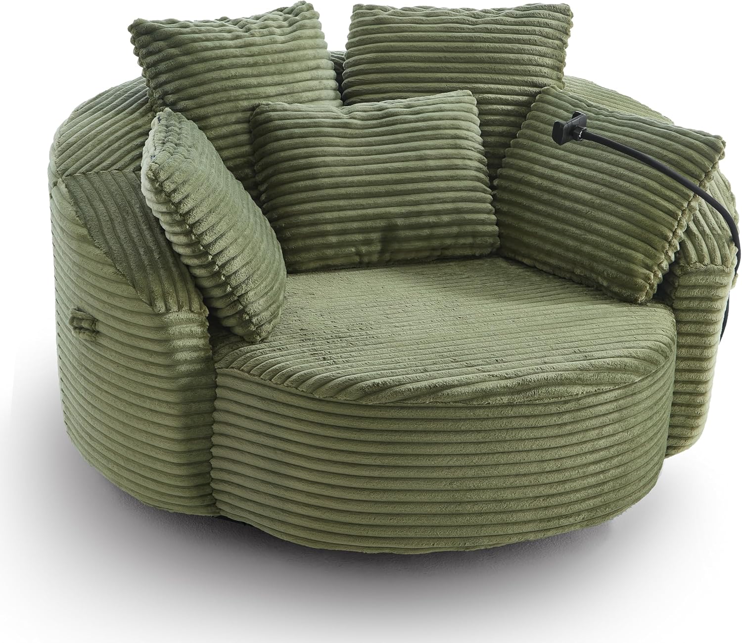 JIVOIT 360° Swivel Accent Chair with 5 Throw Pillows, Adjustable Phone Holder, Corduroy Fabric Round Sofa Chair Barrel Chair with Semi-Wraparound Design for Living Room, Office and Hotel (Green,1)