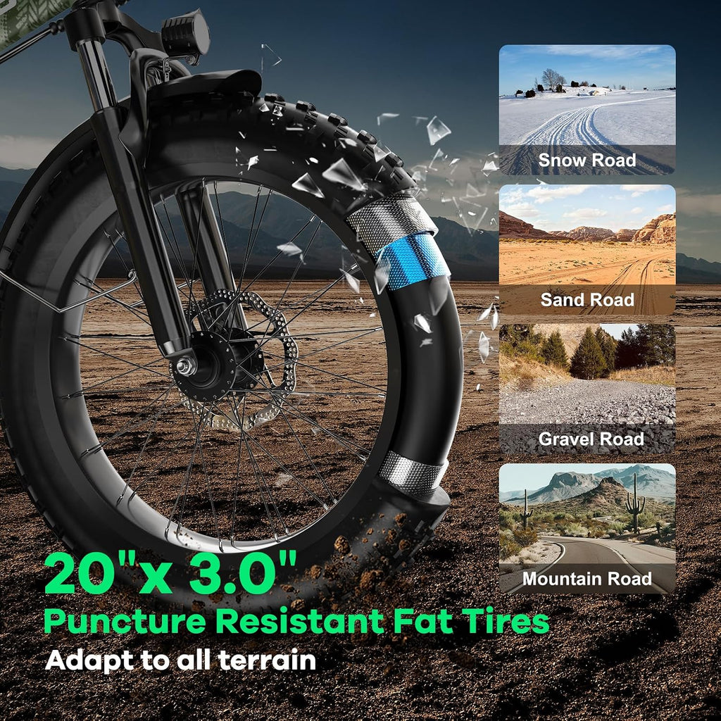 Foldable Electric Bike for Adults, 30+MPH, 48V 20Ah Removable Battery up to 80Miles, 20' Fat Tire 1000W Peak Dirt Ebike Adult Electric Bicycle for Commute Beach Mountain Flat Tube E Bike Green