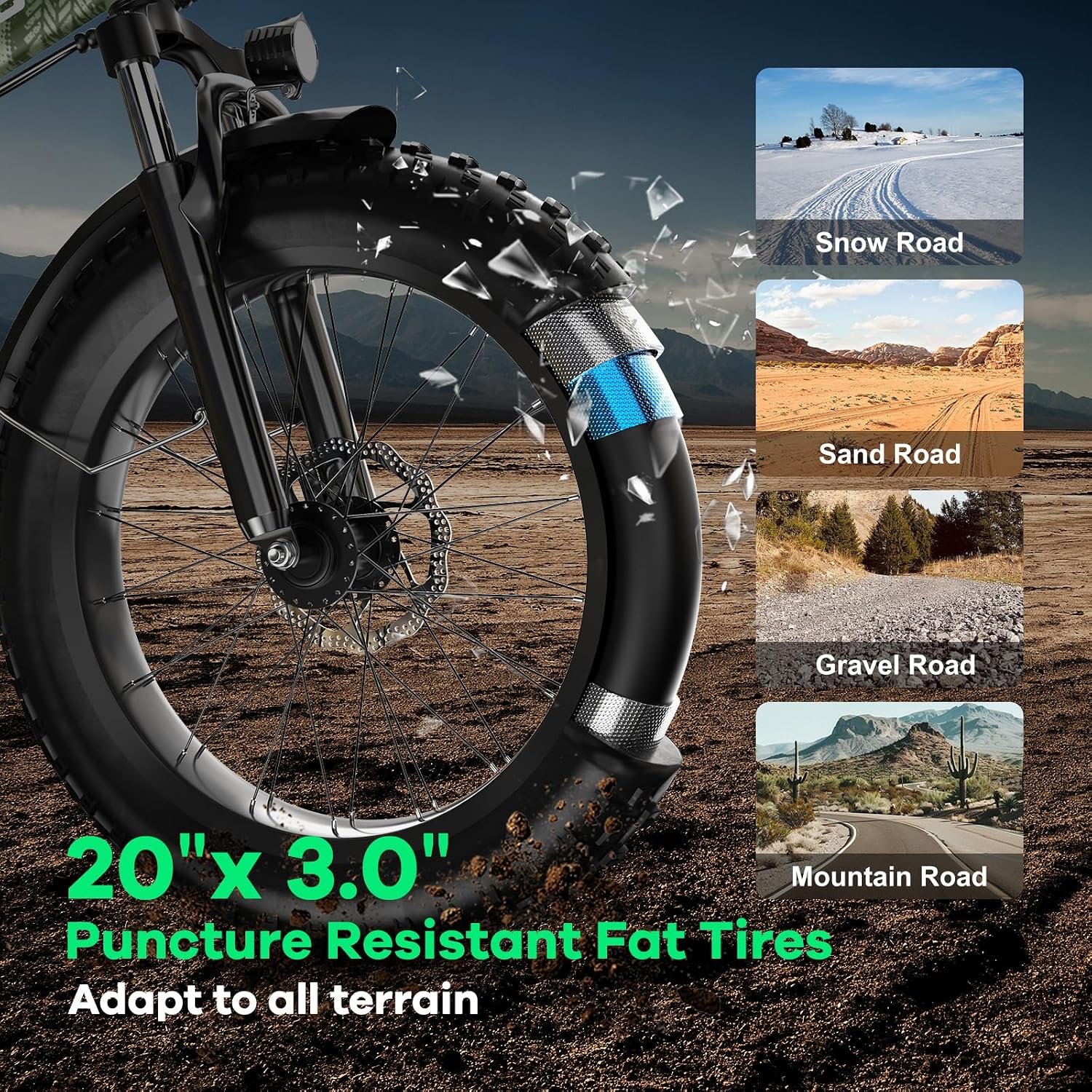 Foldable Electric Bike for Adults, 30+MPH, 48V 20Ah Removable Battery up to 80Miles, 20' Fat Tire 1000W Peak Dirt Ebike Adult Electric Bicycle for Commute Beach Mountain Flat Tube E Bike Green