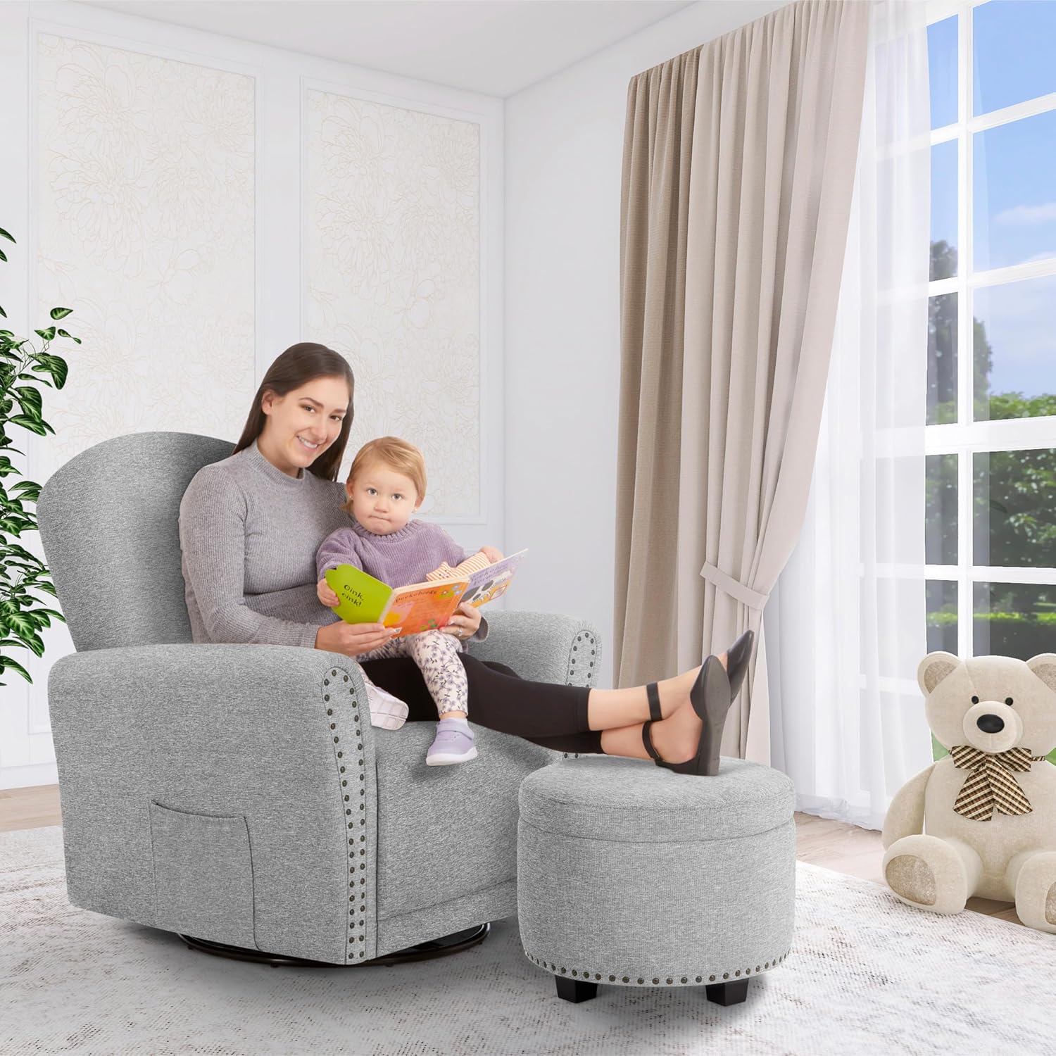 Evolur Vienna Swivel Glider with Ottoman, FSC Certified, Greenguard Gold and JPMA Certified Glider Rocking Chair, 360° Swivel Motion, Ergonomic Design Nursery Glider, Cobblestone