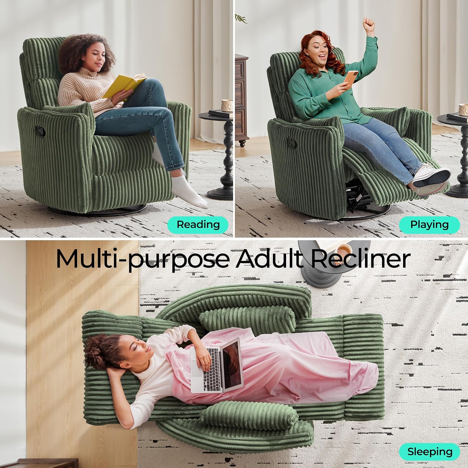 LINSY 360 Swivel Recliner Chair, Nursery Glider Rocking Chair with 2 Pillows, Corduroy Nursing Chair Comfy High Back Adult Rocker Recliner for Small Spaces, Nursery Bedroom Living Room (Green)